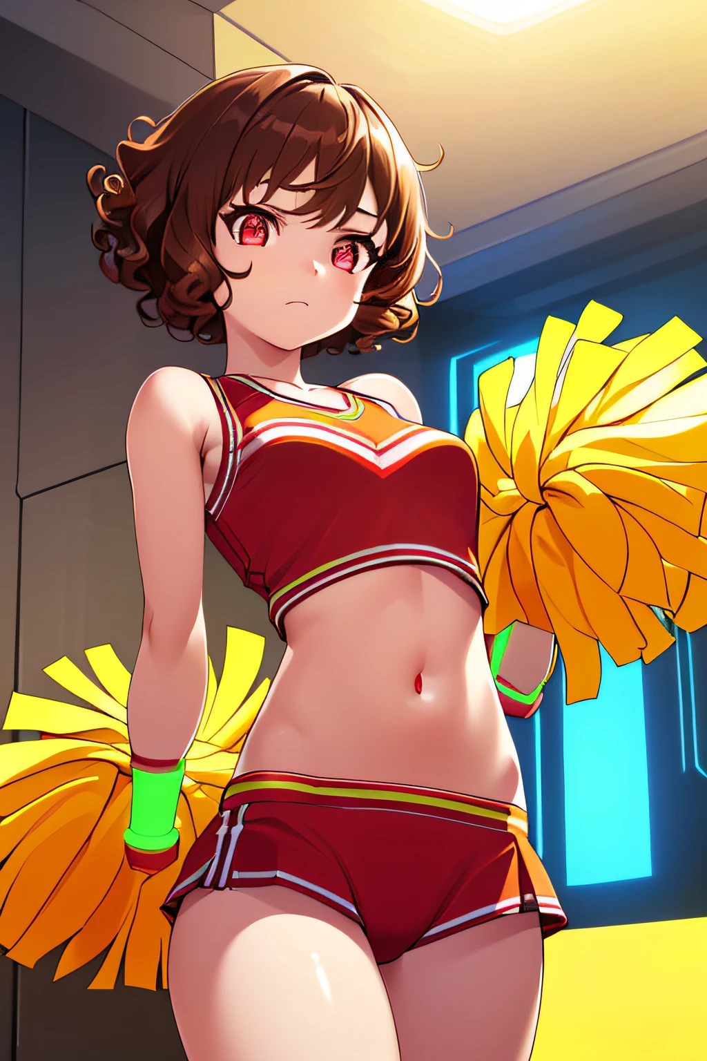 (sfw), intricate details, (bright neon colors), detailed background, daylight, indoors, 1girl, (petite, (expressionless cute face, bright glowing red eyes), (human torso, petite perky breasts, cheerleader, robotic arms, robotic legs), (brown hair, short hair, curly hair)), dynamic angle