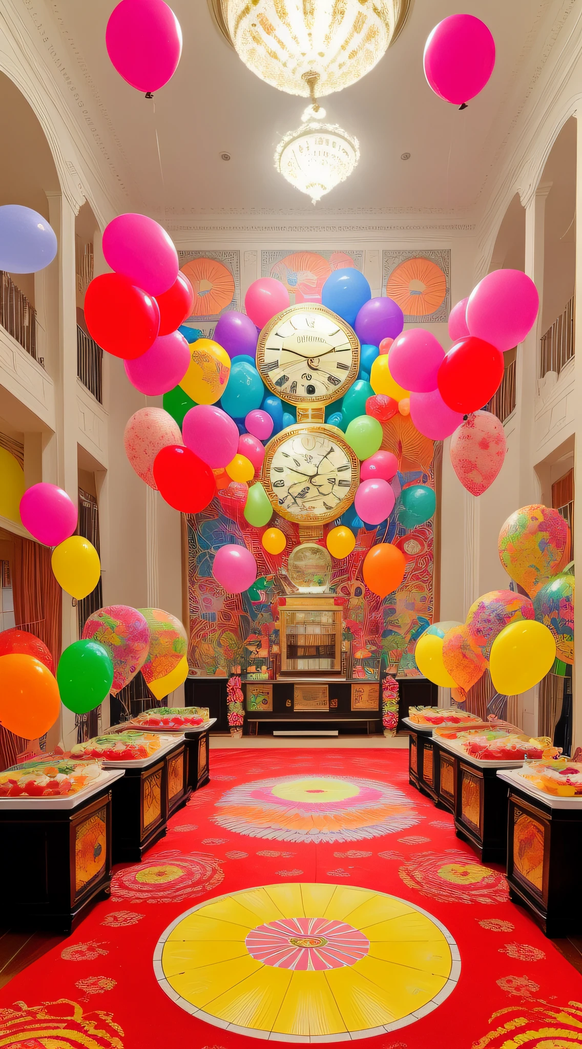 Generate a detailed image of a big empty room decorated for a very exclusive party, with a very beautiful grandfather clock, balloons, streamers, and an untouched buffet. Trending on Artstation. Colorful. Cinematic. Dreamy! Trending on a detailed image of a big empty room decorated for a very exclusive party, with a very beautiful grandfather clock, balloons, streamers, and an untouched buffet. Trending on Artstation. Digital illustration. Octane render, 4k, unreal 5, DAZ, hyperrealistic, dynamic lighting, intricate detail, summer vibrancy, cinematic. Art by Takato Yamamoto. Masterpiece