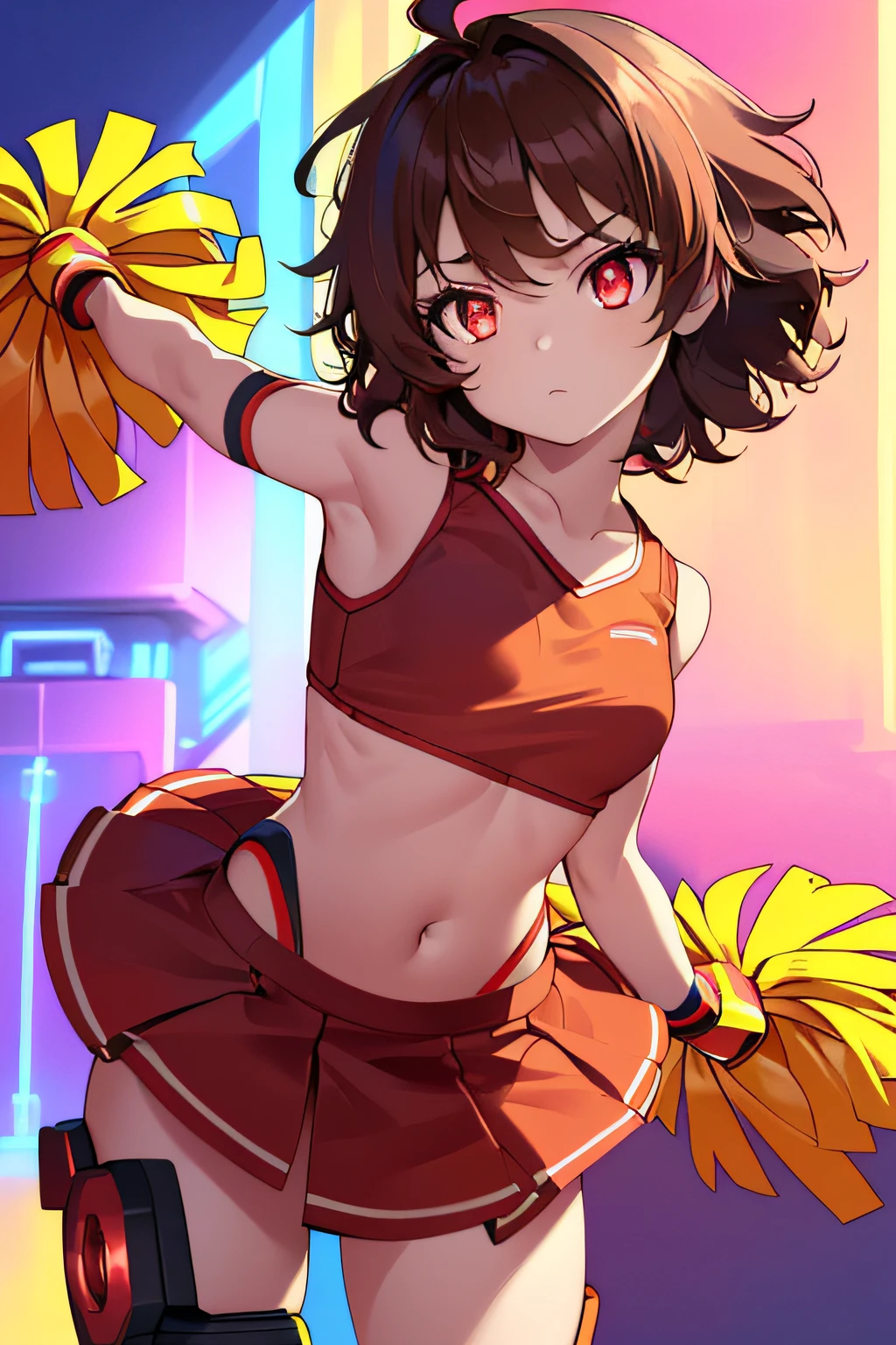 (sfw), intricate details, (bright neon colors), detailed background, daylight, indoors, 1girl, (petite, (expressionless cute face, bright glowing red eyes), (human torso, petite perky breasts, cheerleader, robotic arms, robotic legs), (brown hair, short hair, messy hair)), dynamic angle