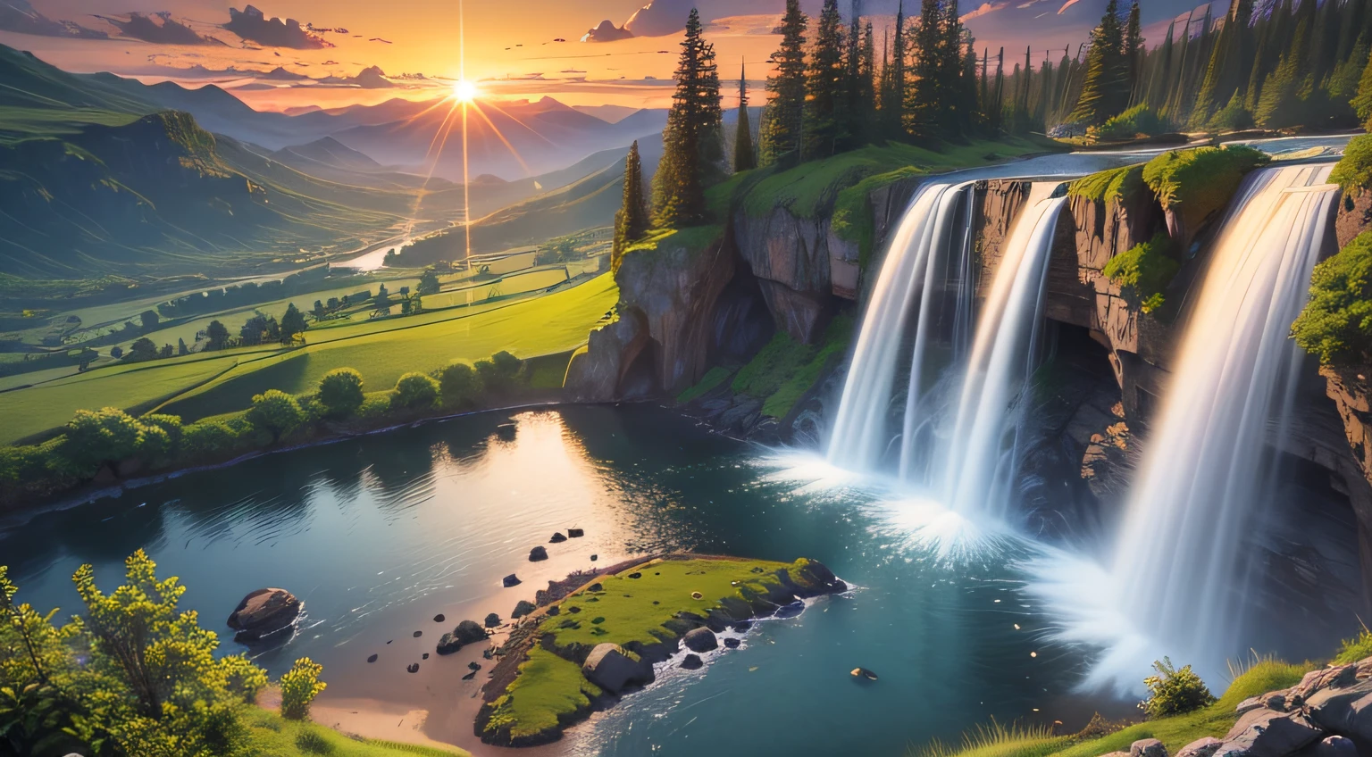 landscape, nature, waterfall, dynamic light, realistic terrain. highly detailed .sunset, sunset --auto --s2