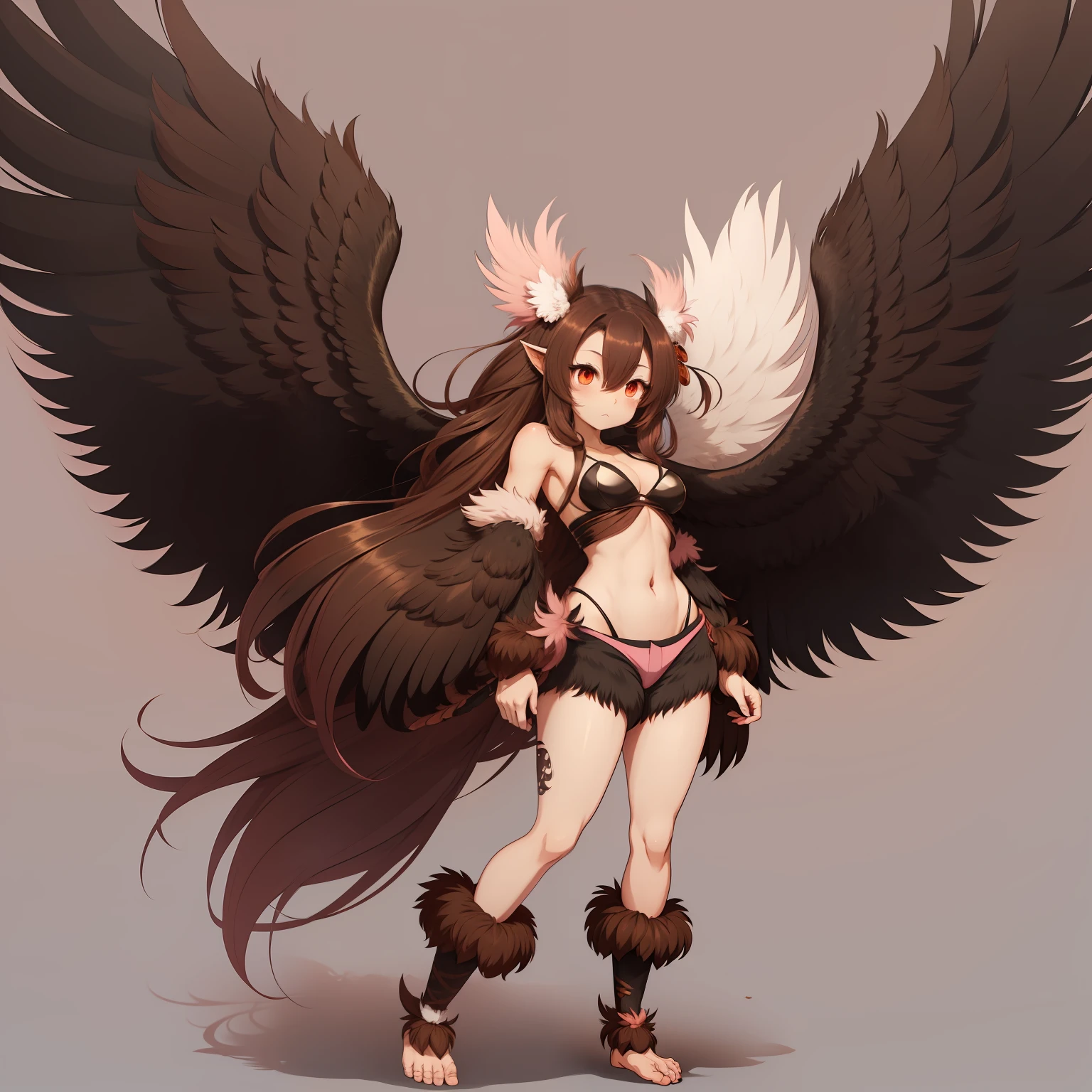 Tengu, (monster girl), brown fluffy feathers, no wings, each arm has a fluffy brown head with eyes and a long beak on it, long beak, black crested mane-hair, pink fan tail, black shorts, brown fur top