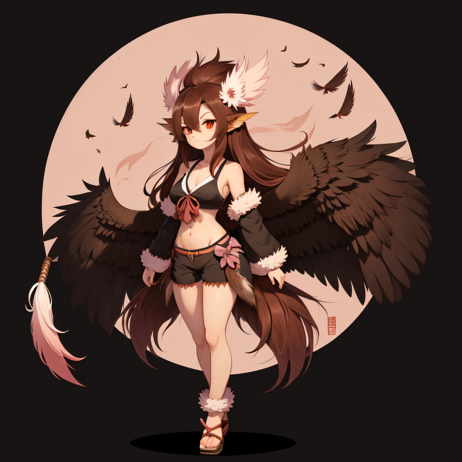 Tengu, (monster girl), brown fluffy feathers, no wings, each arm has a fluffy brown head with eyes and a long beak on it, long beak, black crested mane-hair, pink fan tail, black shorts, brown fur top