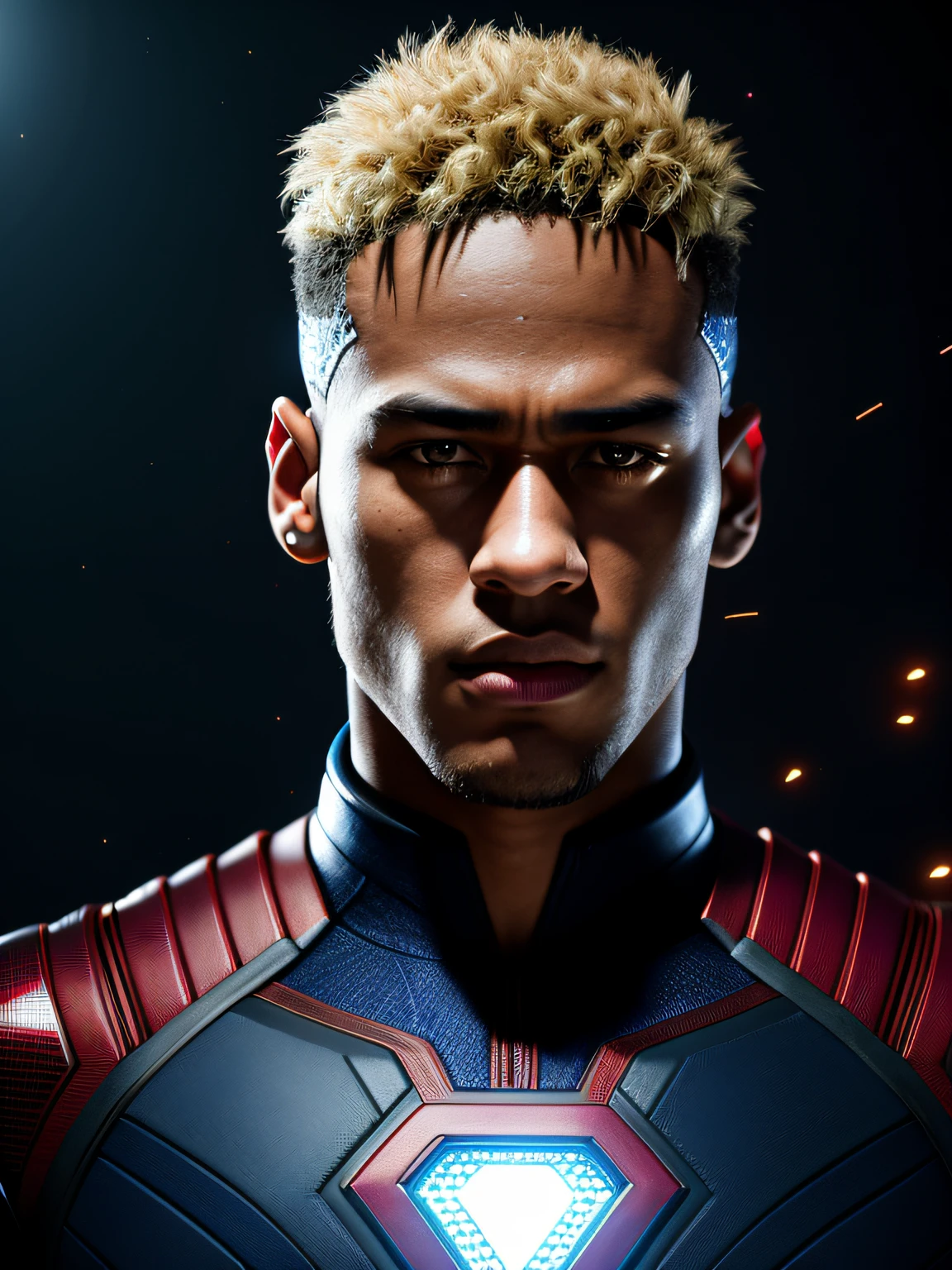 midjourny-v4 style, Professional Photoshot medium of Neymar as a marvel super hero with highly detailed intricate cybernetic outfit, highly detailed beautiful face, standing in darkness with black particles surrounding the body, proportional body shape + perfect anatomy, symmetrical dynamic pose, volumetric shadow, effect of bright neon dust particles + detailed particles, render full hd + render octane 3d + unreal motor 5 4k UHD graphic + immense detail + lighting  dramatic + well-lit + intricate + fine detail + octane rendering + Ray tracing + 8k + sharp focus + vibrant high contrast, Marvel-style, trending on ArtStation