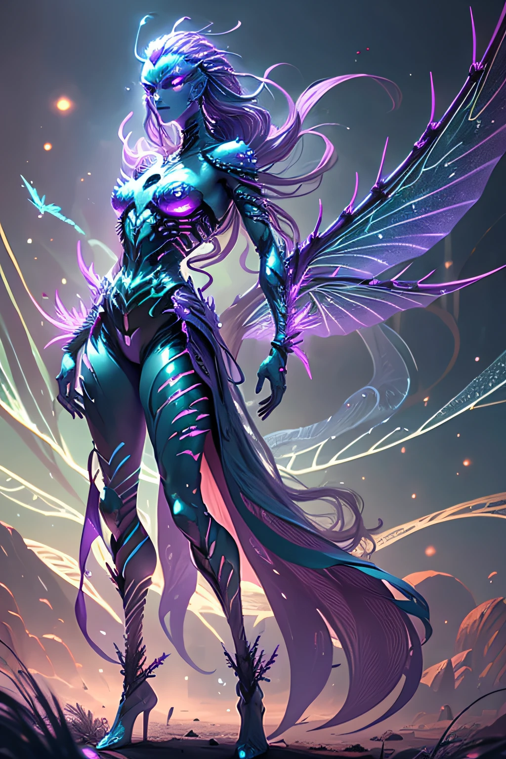Generate a 7-foot tall humanoid creature, with iridescent skin, three violet eyes - two on the palms of its hands, hair made of luminescent spines, long slender limbs with six webbed digits each, gill-like slits on its neck, and large, translucent, dragonfly-like wings sprouting from its back