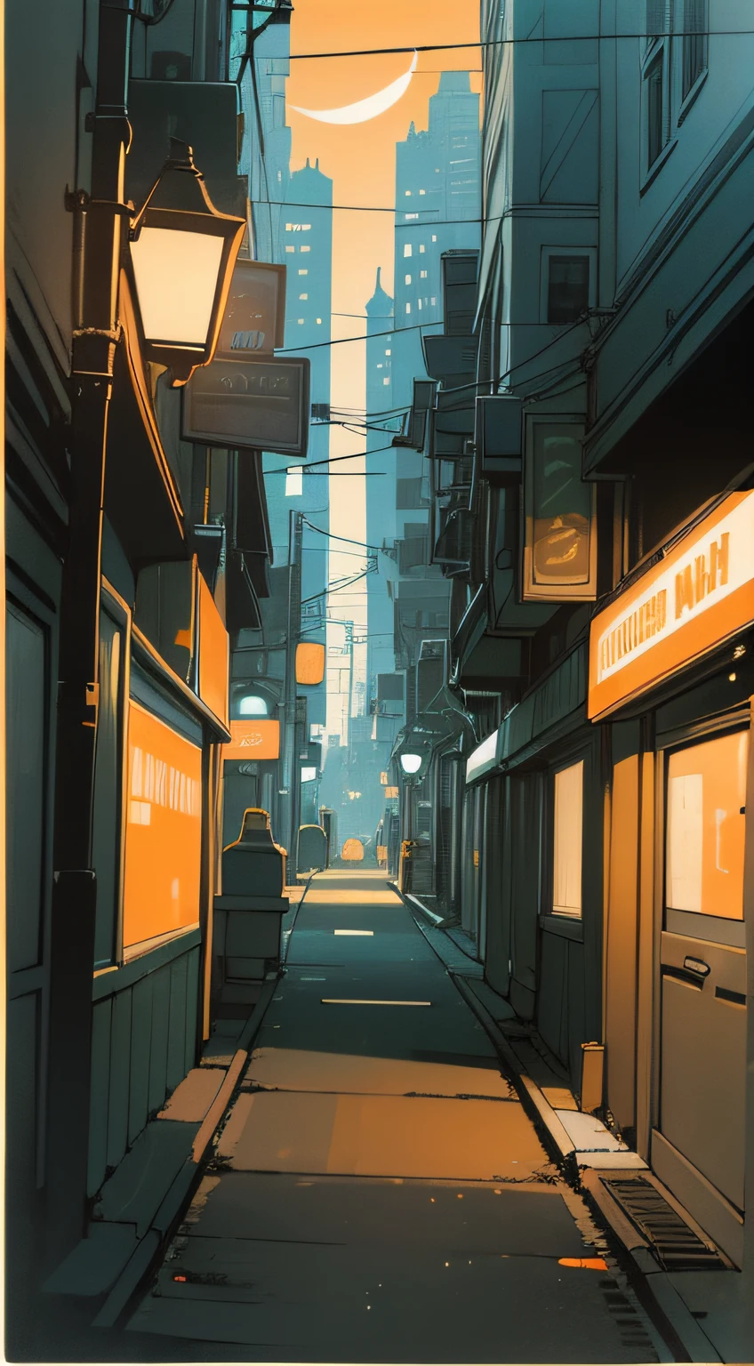 (masterpiece), (best quality), (best detail), (postcard-like borders), (dynamic point of view, wide angle), (main color of illustration: orange), (secondary color: white), an orange cat, city scene illuminated by neons, night (moon),shading (detailed, quality), pulp colors