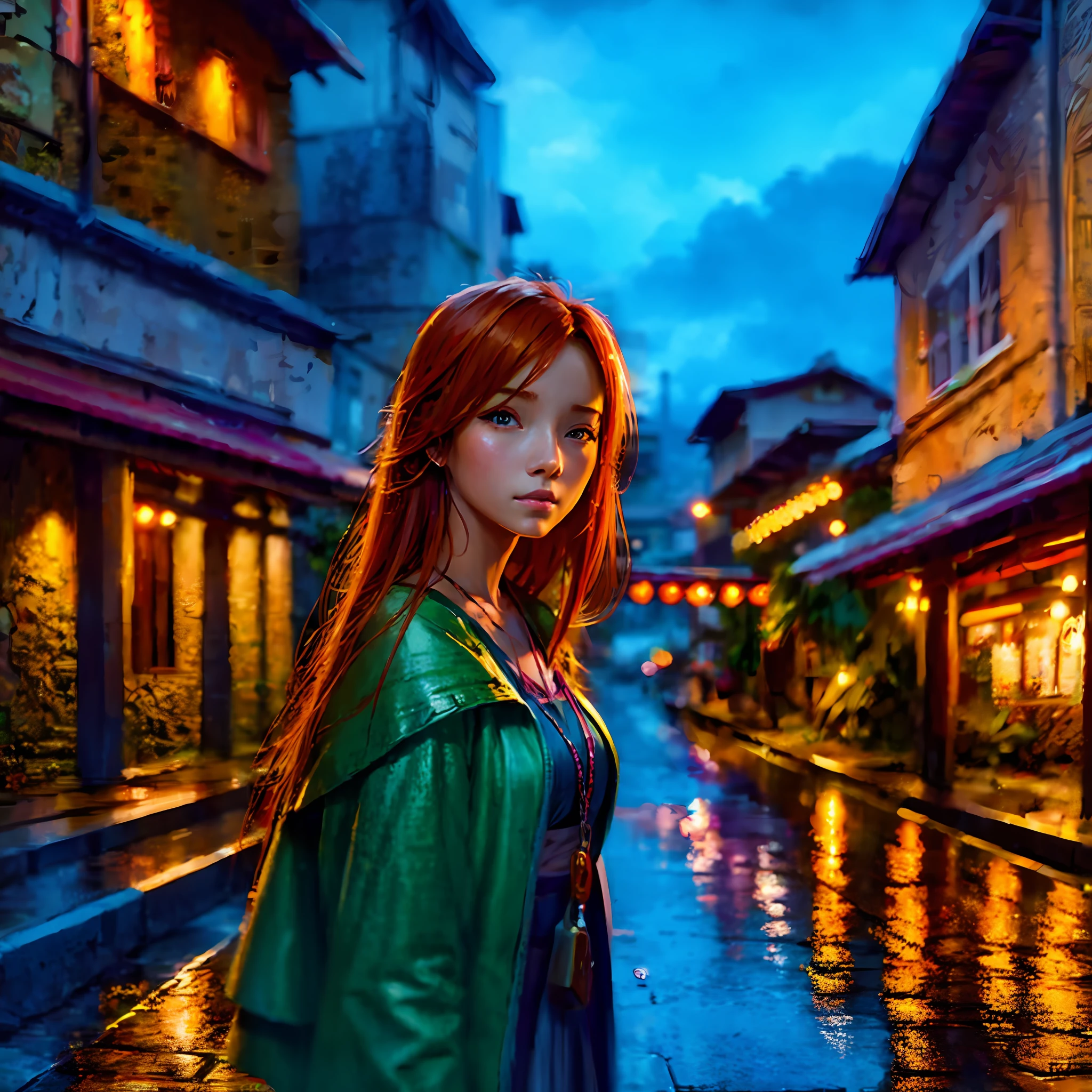 Young ginger woman, Post-Impressionism, anime key visual, landscape of a Wet street market and biophilic Tanzanian Bridge, at Twilight, Sketch, hair light, hearthstone artwork, cinematic, unreal engine