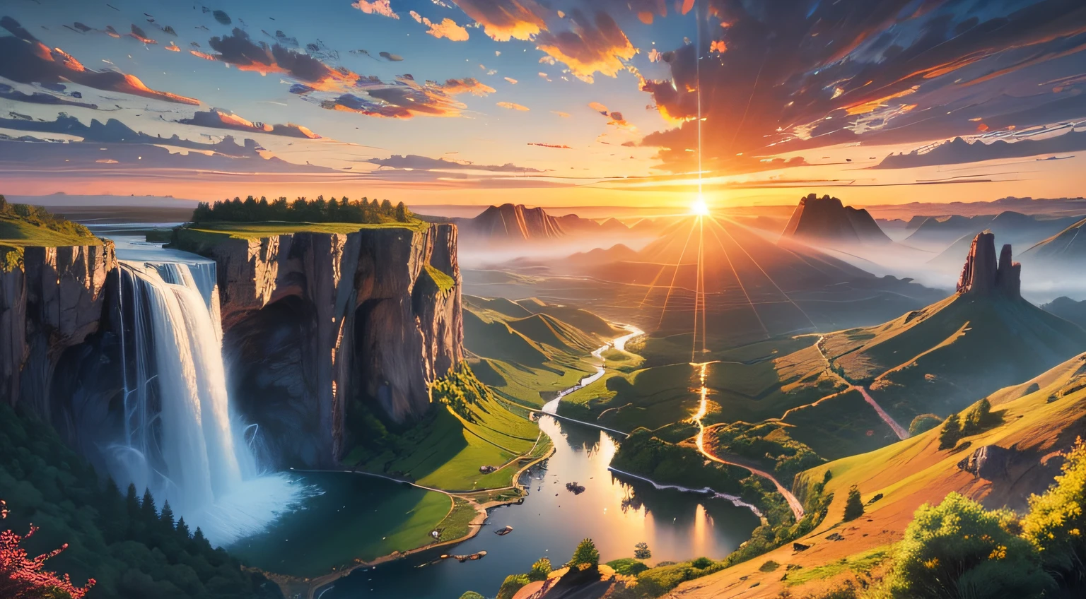 landscape, nature, waterfall, dynamic light, realistic terrain. highly detailed .sunset, sunset --auto --s2