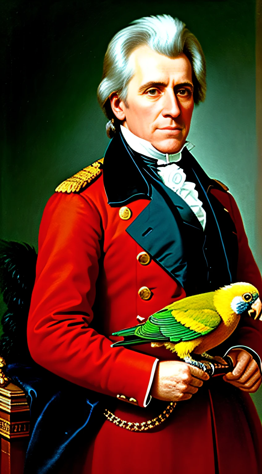 best quality, ultra-detailed, a stunning portrait of Andrew Jackson with his beloved parrot perched on his shoulder, highly detailed features, crisp lines, impeccable lighting, a regal and dignified expression on Jackson's face, vintage vibe, cohesive composition,