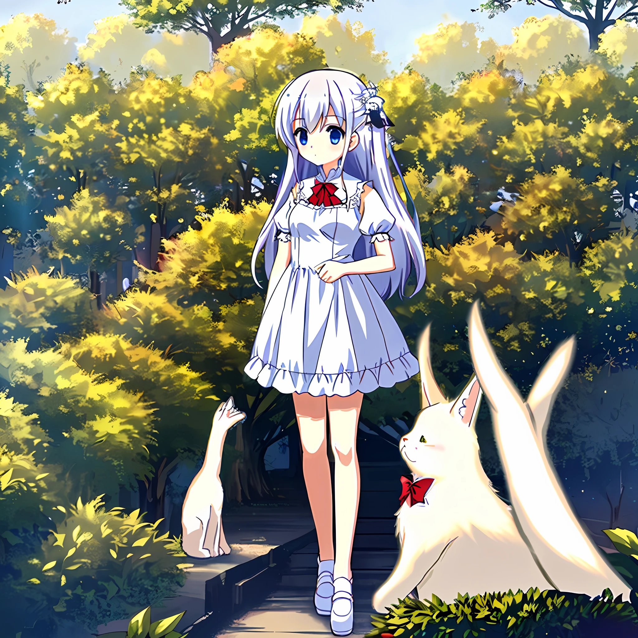 Anime girl with long hair and white dress holding a cat little fluffy loli anime loli art splash loli in a dress cute anime waifu in a beautiful dress Azur Lane style coushart adopt design, design character, concept design