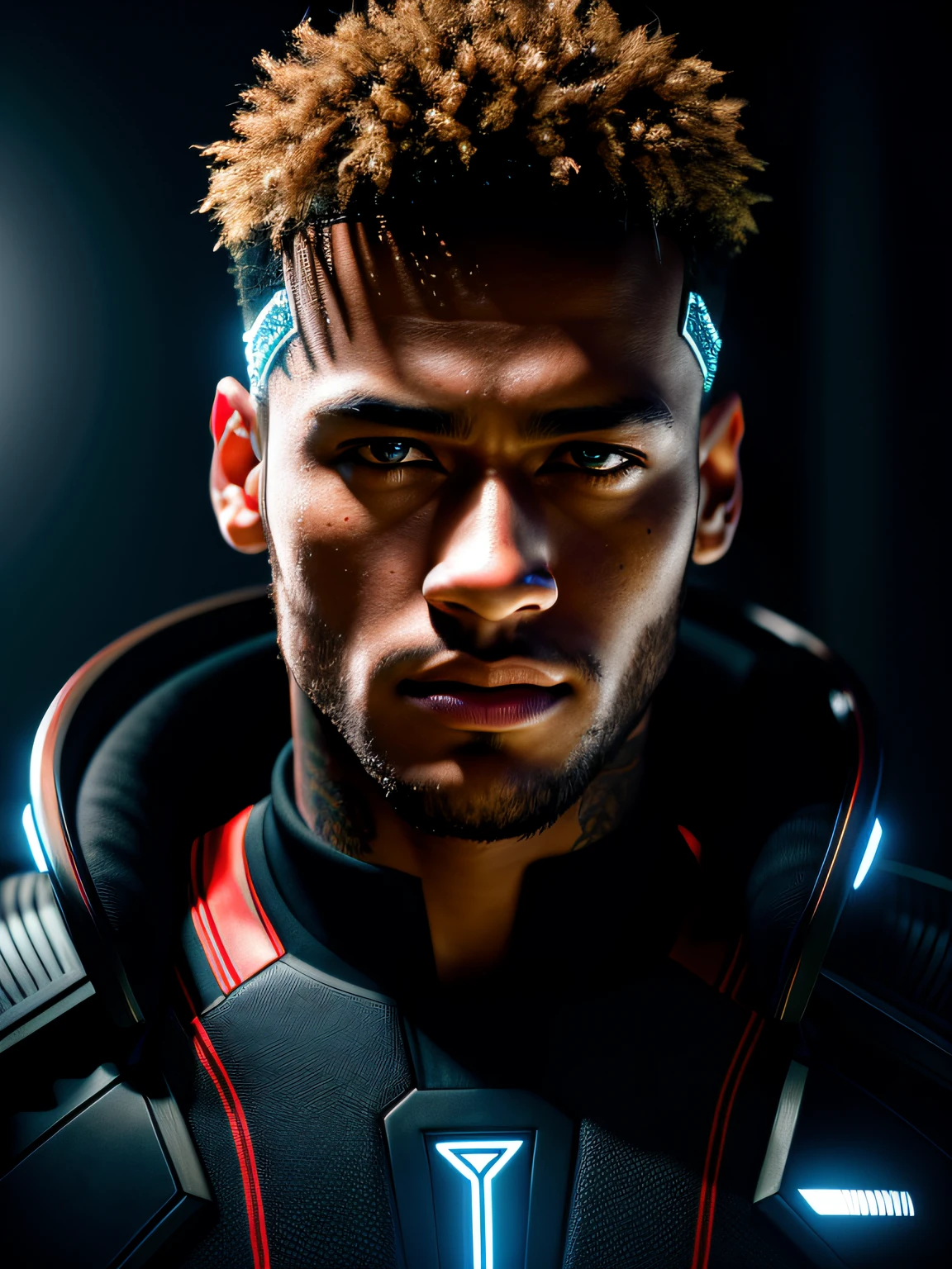 midjourny-v4 style, Professional Average photoshot of Neymar as a doctor with highly detailed intricate cybernetic clothing, highly detailed beautiful face, standing in darkness with black particles surrounding the body, proportional body shape + perfect anatomy, symmetrical dynamic pose, volumetric shadow, effect of bright neon dust particles + detailed particles, render full hd + render octane 3d + unreal motor 5 4k UHD graphic + immense detail + dramatic lighting + well illuminated + intricate + fine detail + octane rendering + Ray tracing + 8k + sharp focus + vibrant high contrast, Marvel-style, trending on ArtStation