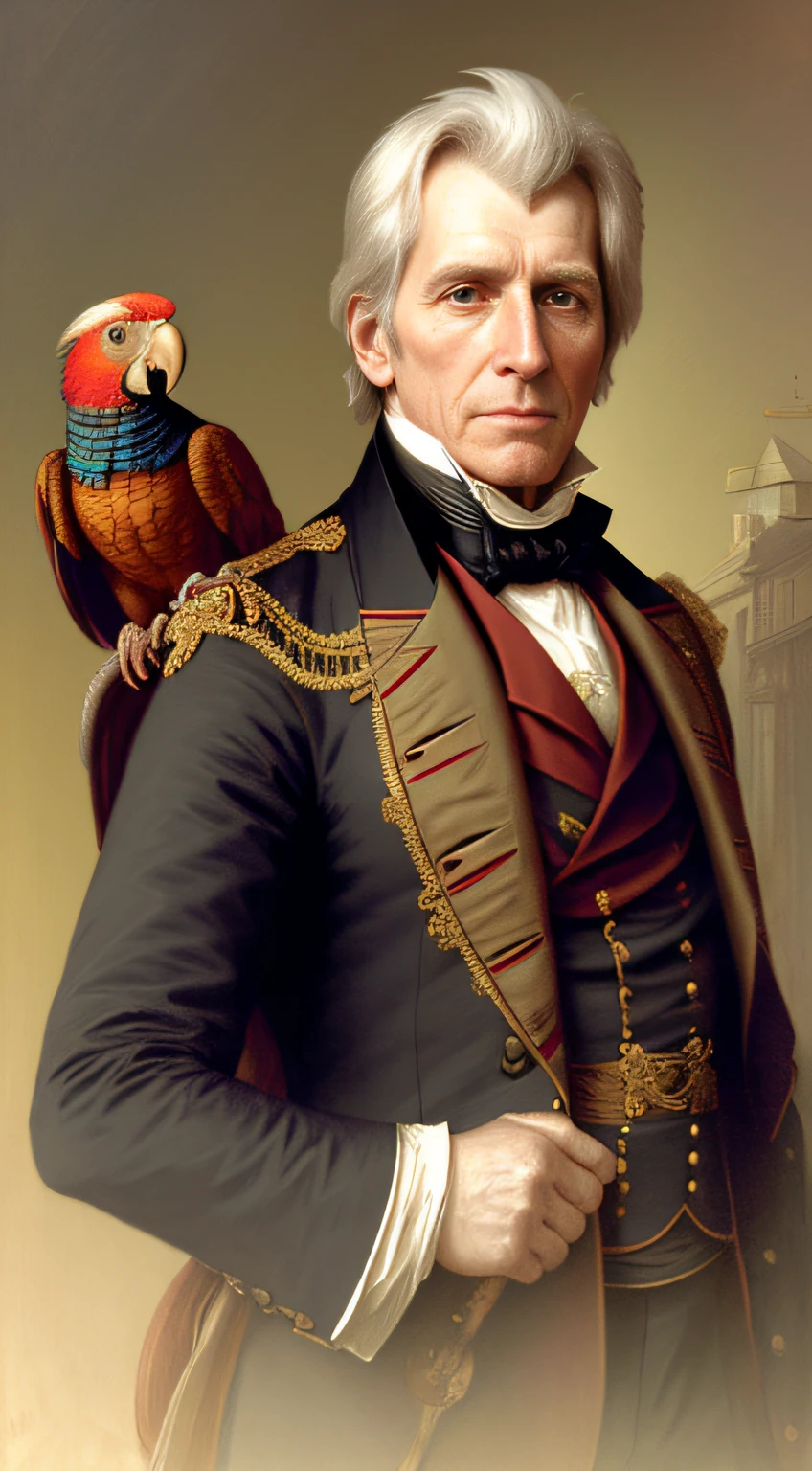 portrait of andrew jackson with his parrot, intricate, elegant, highly detailed, digital painting, artstation, concept art, smooth, sharp focus, illustration, art by artgerm and greg rutkowski and alphonse mucha and william - adolphe bouguereau