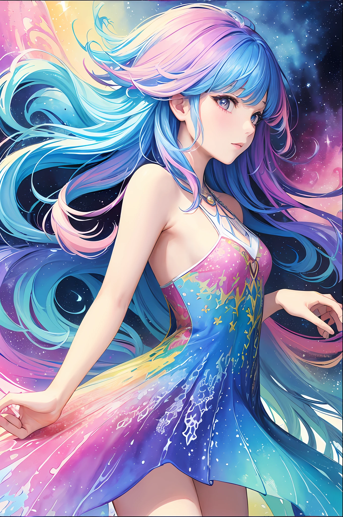 (masterpiece, top quality, best quality,watercolor (medium),official art, beautiful and aesthetic:1.2),(1girl:1.3), (fractal art:1.3),upper body, from side, looking at viewer,patterns,(rainbow color Hair,colorful hair,half blue and half pink hair:1.2),water,liquid, cloud,colorful, starry,stars,