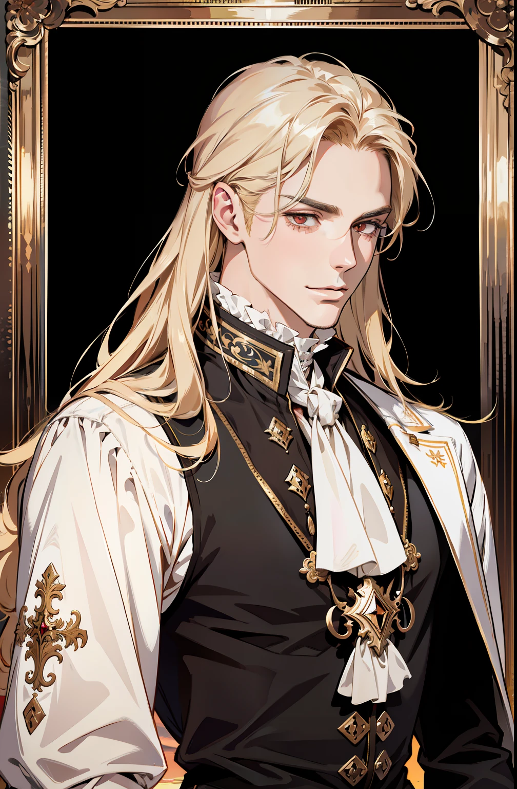 (absurdres, highres, ultra detailed),(absurdres, highres, ultra detailed), 1 male, adult, handsome, tall muscular guy, broad shoulders, finely detailed eyes and detailed face, long blond hair, large 18th-century baroque mansion, garden, nobleman, aristocratic, elegant, neat, graceful, sunset, scenery, smile upper body, attractive, red eyes