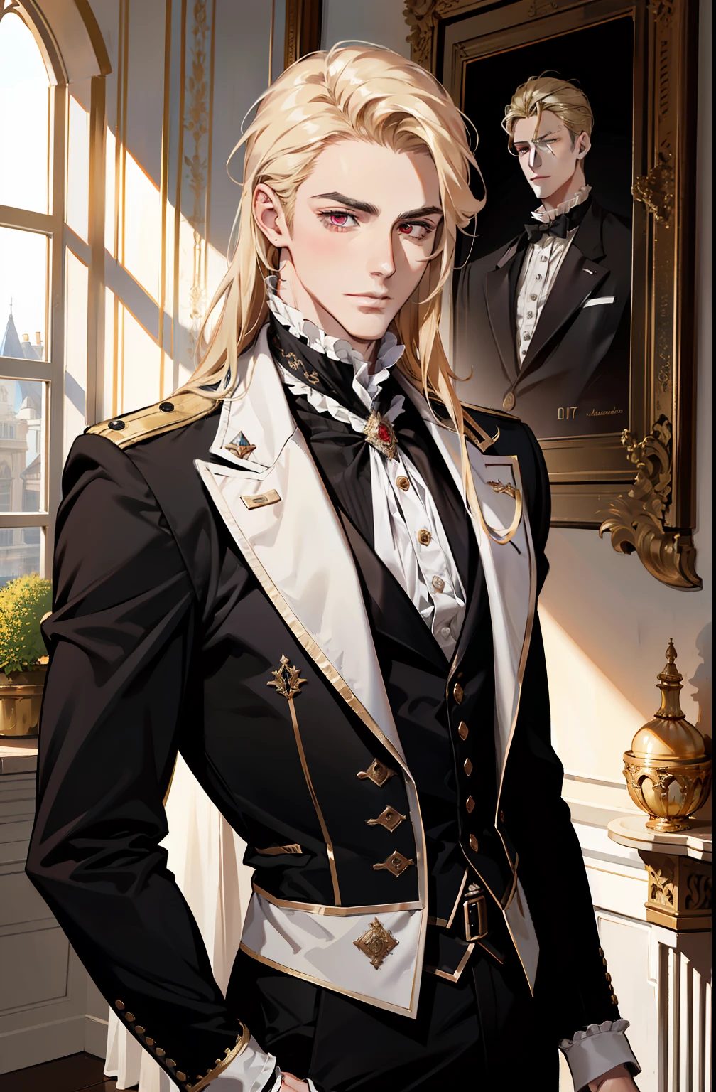 (absurdres, highres, ultra detailed),(absurdres, highres, ultra detailed), 1 male, adult, handsome, tall muscular guy, broad shoulders, finely detailed eyes and detailed face, long blond hair, large 18th-century baroque mansion, garden, nobleman, aristocratic, elegant, neat, graceful, sunset, scenery, smile upper body, attractive, red eyes