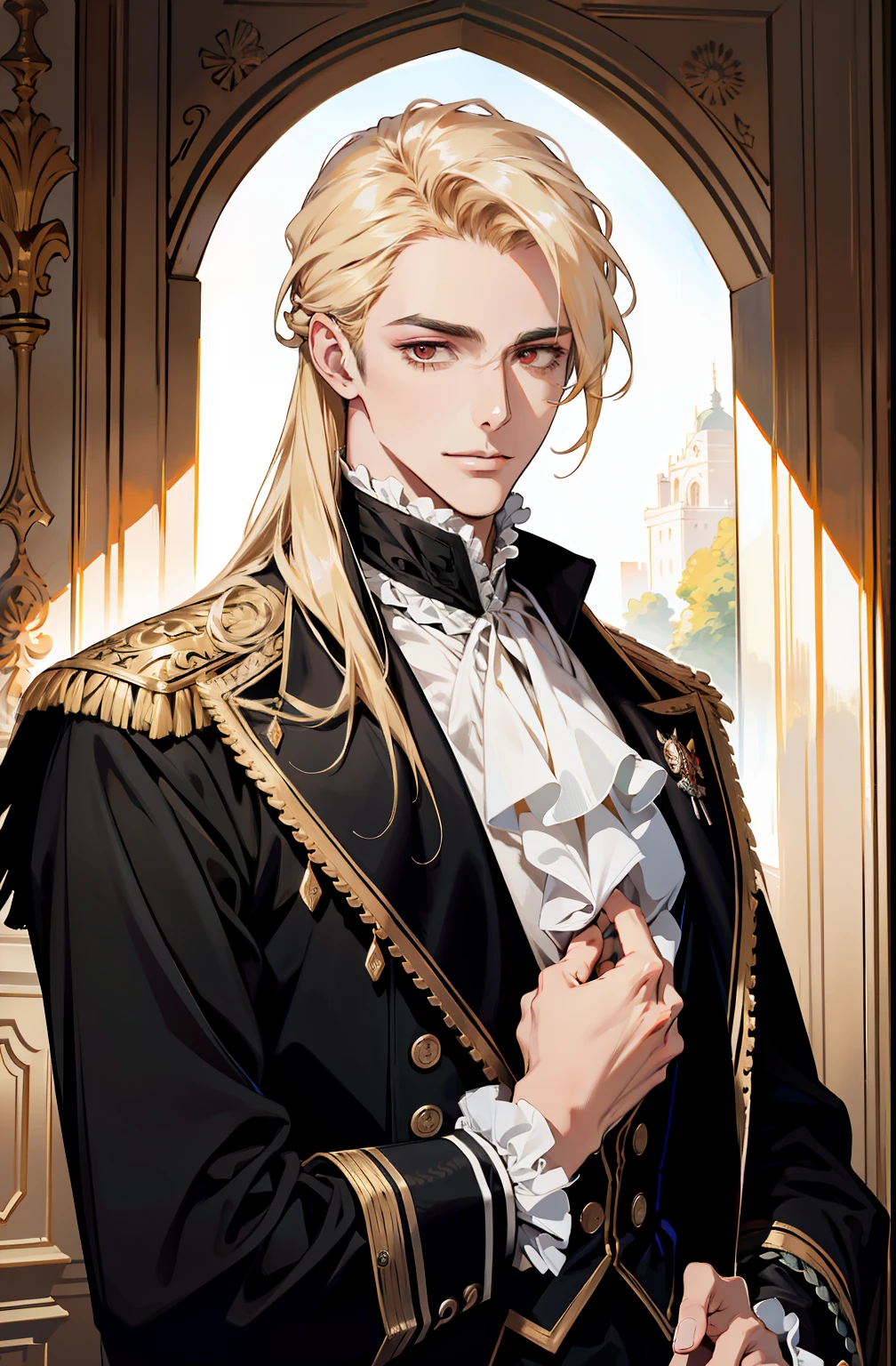 (absurdres, highres, ultra detailed),(absurdres, highres, ultra detailed), 1 male, adult, handsome, tall muscular guy, broad shoulders, finely detailed eyes and detailed face, long blond hair, large 18th-century baroque mansion, garden, nobleman, aristocratic, elegant, neat, graceful, sunset, scenery, smile upper body, attractive, red eyes