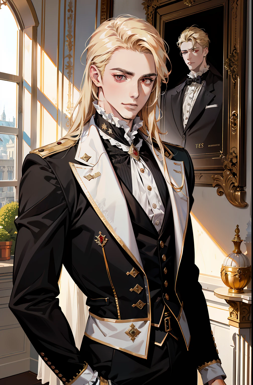 (absurdres, highres, ultra detailed),(absurdres, highres, ultra detailed), 1 male, adult, handsome, tall muscular guy, broad shoulders, finely detailed eyes and detailed face, long blond hair, large 18th-century baroque mansion, garden, nobleman, aristocratic, elegant, neat, graceful, sunset, scenery, smile upper body, attractive, red eyes
