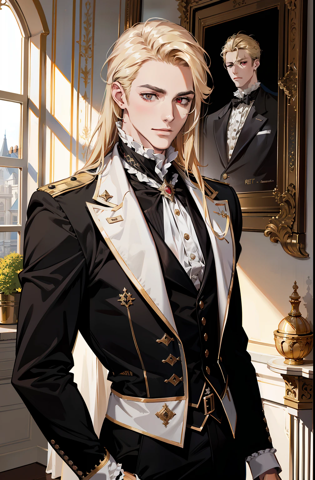 (absurdres, highres, ultra detailed),(absurdres, highres, ultra detailed), 1 male, adult, handsome, tall muscular guy, broad shoulders, finely detailed eyes and detailed face, long blond hair, large 18th-century baroque mansion, garden, nobleman, aristocratic, elegant, neat, graceful, sunset, scenery, smile upper body, attractive, red eyes