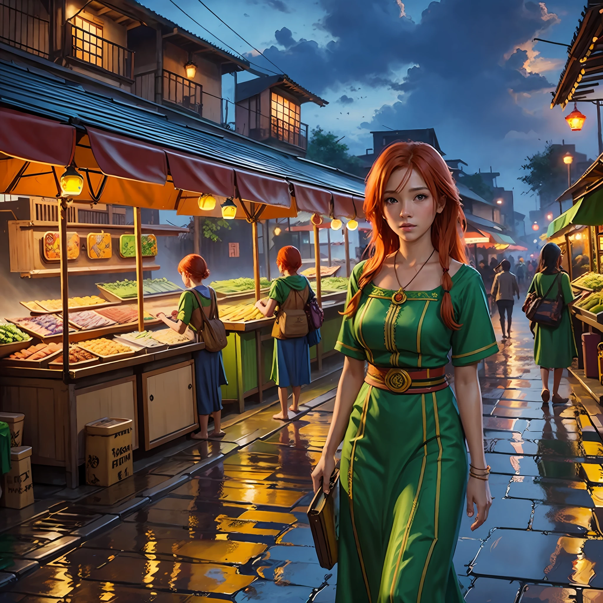 Young ginger woman, Post-Impressionism, anime key visual, landscape of a Wet street market and biophilic Tanzanian Bridge, at Twilight, Sketch, hair light, hearthstone artwork, cinematic, unreal engine