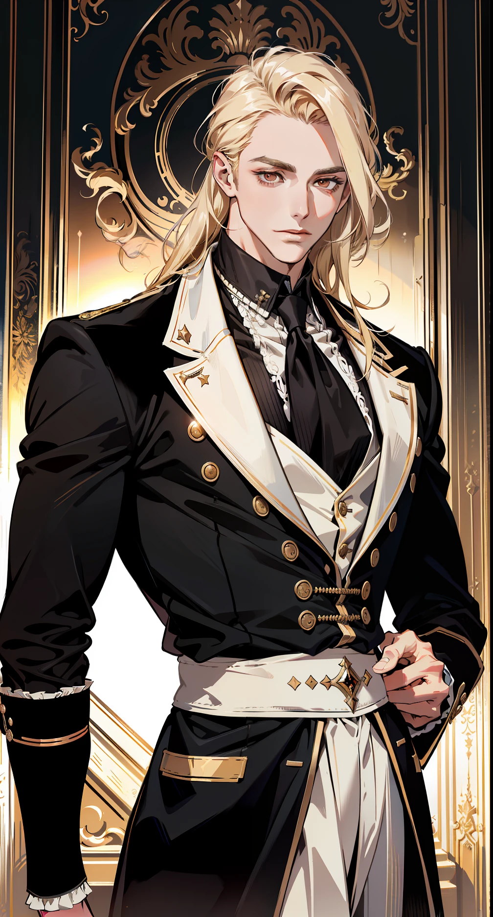 (absurdres, highres, ultra detailed),(absurdres, highres, ultra detailed), 1 male, adult, handsome, tall muscular guy, broad shoulders, finely detailed eyes and detailed face, long blond hair, large 18th-century baroque mansion, garden, nobleman, aristocratic, elegant, neat, graceful, sunset, scenery, smile upper body, attractive, red eyes