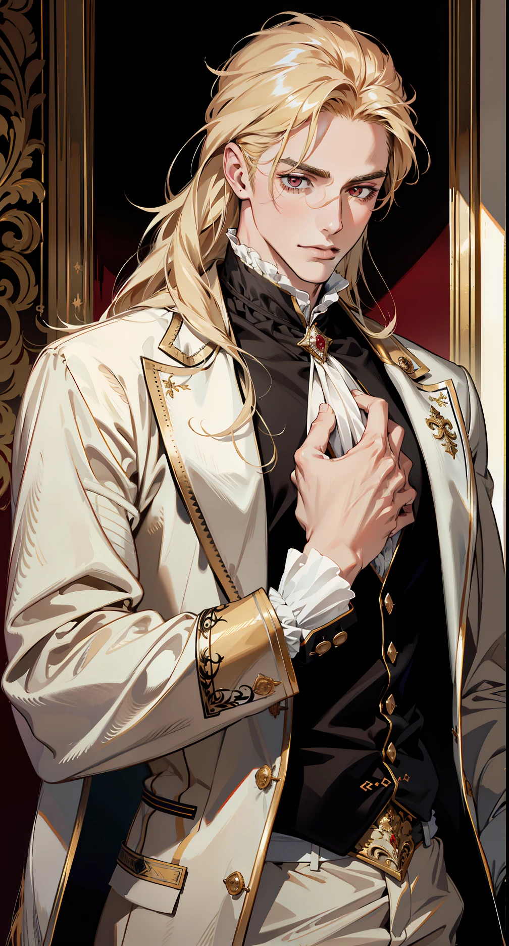 (absurdres, highres, ultra detailed),(absurdres, highres, ultra detailed), 1 male, adult, handsome, tall muscular guy, broad shoulders, finely detailed eyes and detailed face, long blond hair, large 18th-century baroque mansion, garden, nobleman, aristocratic, elegant, neat, graceful, sunset, scenery, smile upper body, attractive, red eyes
