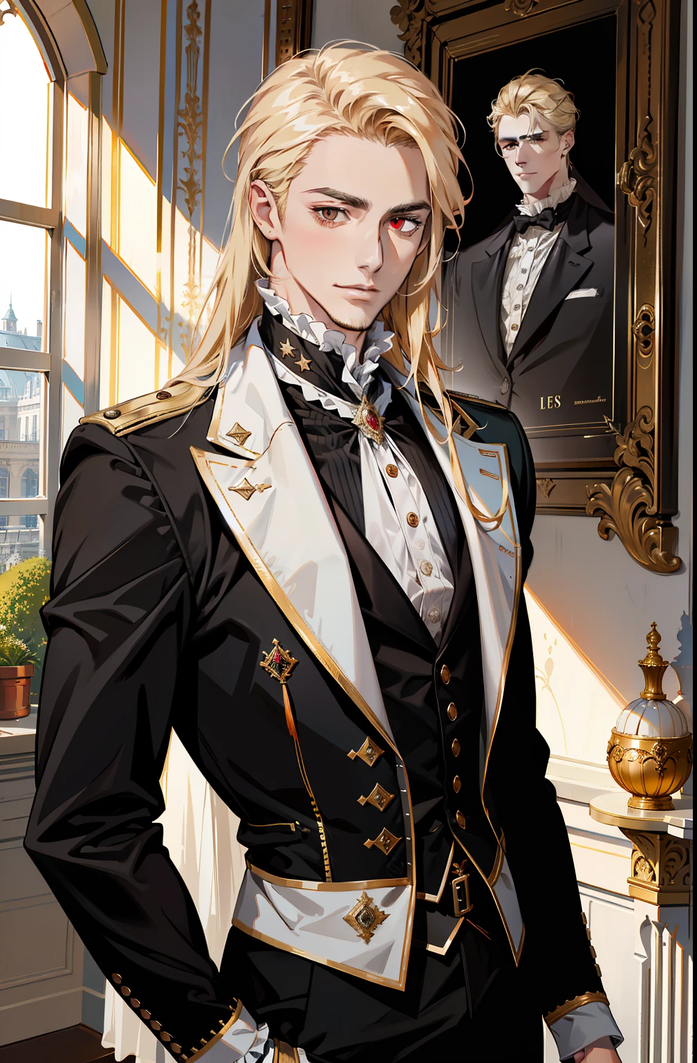(absurdres, highres, ultra detailed),(absurdres, highres, ultra detailed), 1 male, adult, handsome, tall muscular guy, broad shoulders, finely detailed eyes and detailed face, long blond hair, large 18th-century baroque mansion, garden, nobleman, aristocratic, elegant, neat, graceful, sunset, scenery, smile upper body, attractive, red eyes