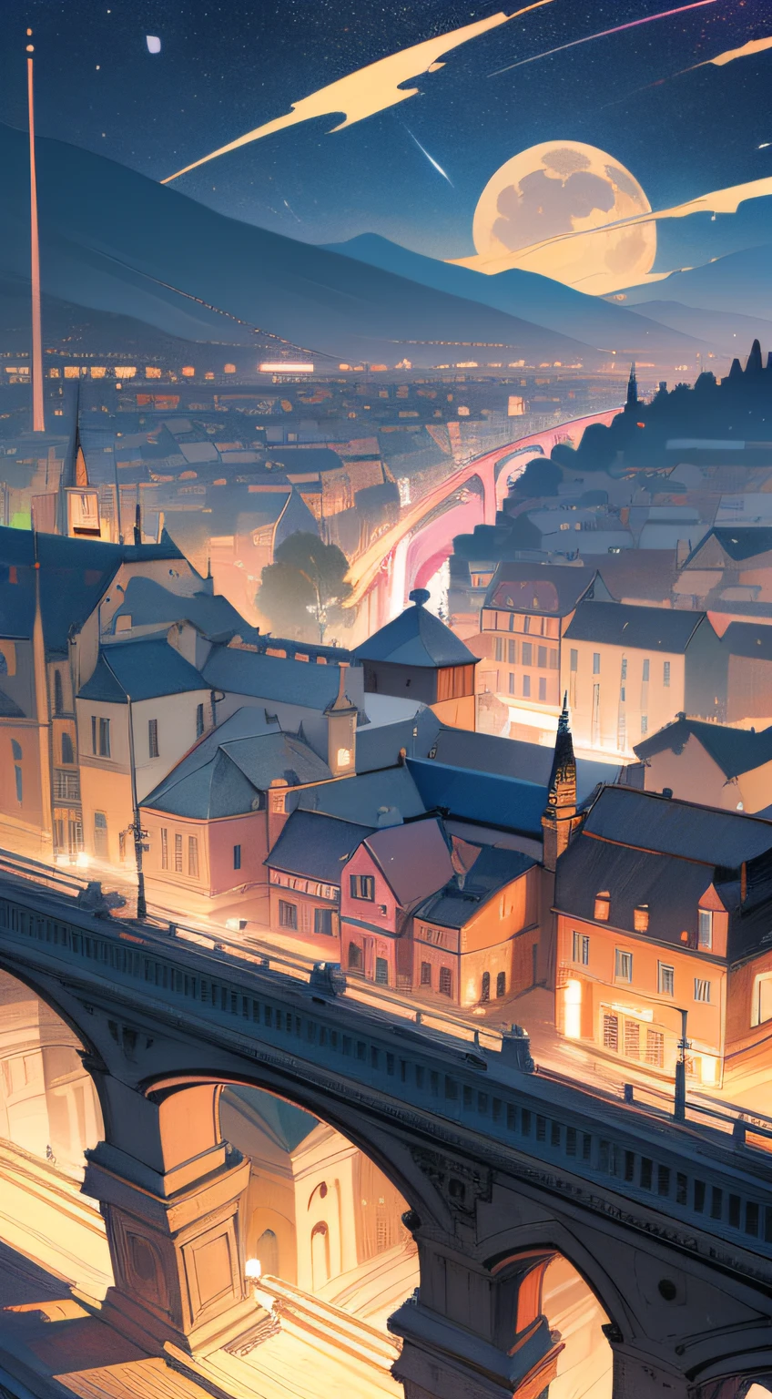 (masterpiece), (best quality), (best detail), (worn paper borders), (dynamic point of view),(main color of illustration: pink), (secondary color: blue), an orange cat (very detailed face), modern European city scenery, night (stars, moon),shading (detailed, quality)