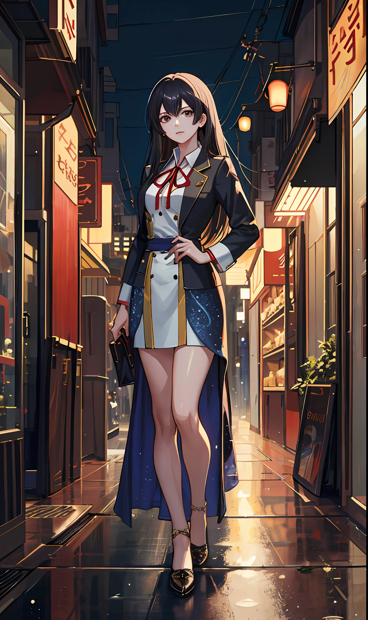 raining night,city,A beautiful woman wearing school uniform on the bustling streets of Gintama, surrounded by vendors, beautiful portrait of a stunning goddess girl, beautiful detailed face, porcelain skin, half body shot, centered, ultra soft lighting, symmetry, intricate, elegant, highly detailed, photorealistic, artstation, concept art, smooth, as imagined by greg rutkowski and borris vallejo, cover, vogue style