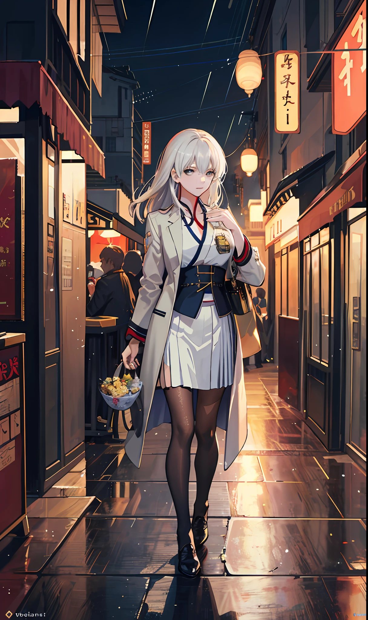 raining night,city,A beautiful woman  wearing school uniform on the bustling streets of Gintama, surrounded by vendors, beautiful portrait of a stunning goddess girl, beautiful detailed face, porcelain skin, half body shot, centered, ultra soft lighting, symmetry, intricate, elegant, highly detailed, photorealistic, artstation, concept art, smooth, as imagined by greg rutkowski and borris vallejo, cover, vogue style