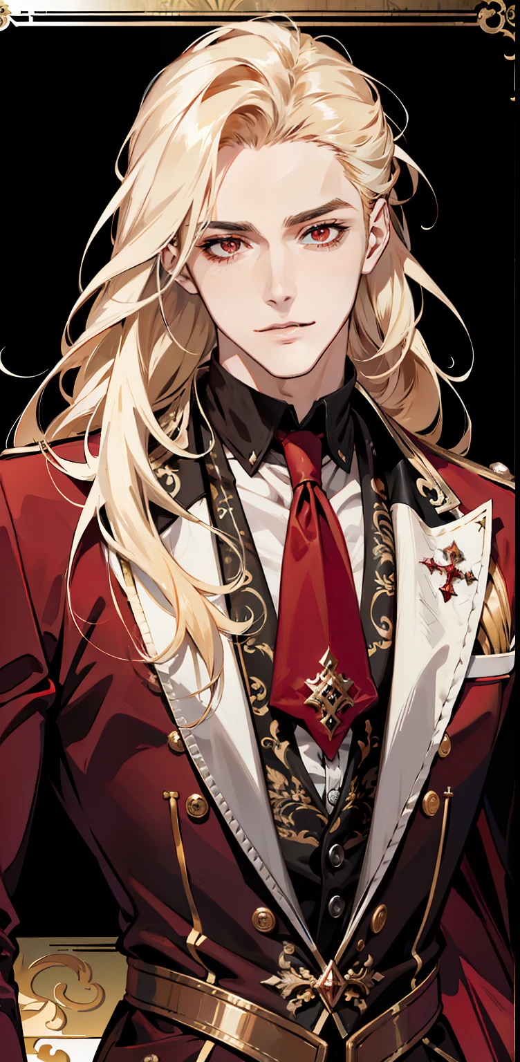 (absurdres, highres, ultra detailed),(absurdres, highres, ultra detailed), 1 male, adult, handsome, tall muscular guy, broad shoulders, finely detailed eyes and detailed face, long blond hair, large 18th-century baroque mansion, garden, nobleman, aristocratic, elegant, neat, graceful, sunset, scenery, smile upper body, attractive, red eyes, vampire fangs, red eyes, throne, magic effect, flame