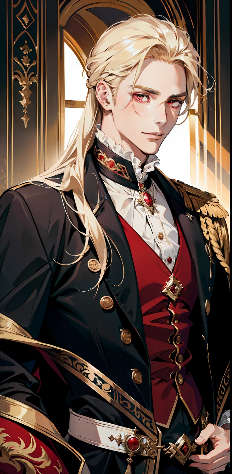 (absurdres, highres, ultra detailed),(absurdres, highres, ultra detailed), 1 male, adult, handsome, tall muscular guy, broad shoulders, finely detailed eyes and detailed face, long blond hair, large 18th-century baroque mansion, garden, nobleman, aristocratic, elegant, neat, graceful, sunset, scenery, smile upper body, attractive, red eyes, vampire fangs, red eyes, throne, magic effect, flame