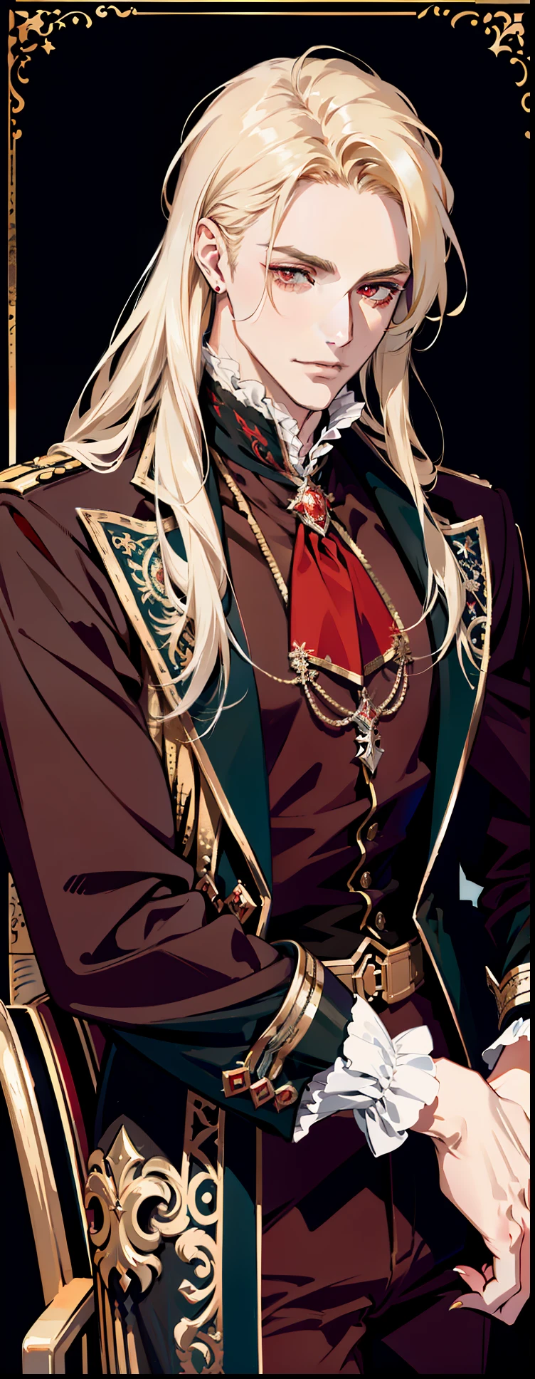 (absurdres, highres, ultra detailed),(absurdres, highres, ultra detailed), 1 male, adult, handsome, tall muscular guy, broad shoulders, finely detailed eyes and detailed face, long blond hair, large 18th-century baroque mansion, garden, nobleman, aristocratic, elegant, neat, graceful, sunset, scenery, smile upper body, attractive, red eyes, vampire fangs, red eyes,  throne, magic effect, flame