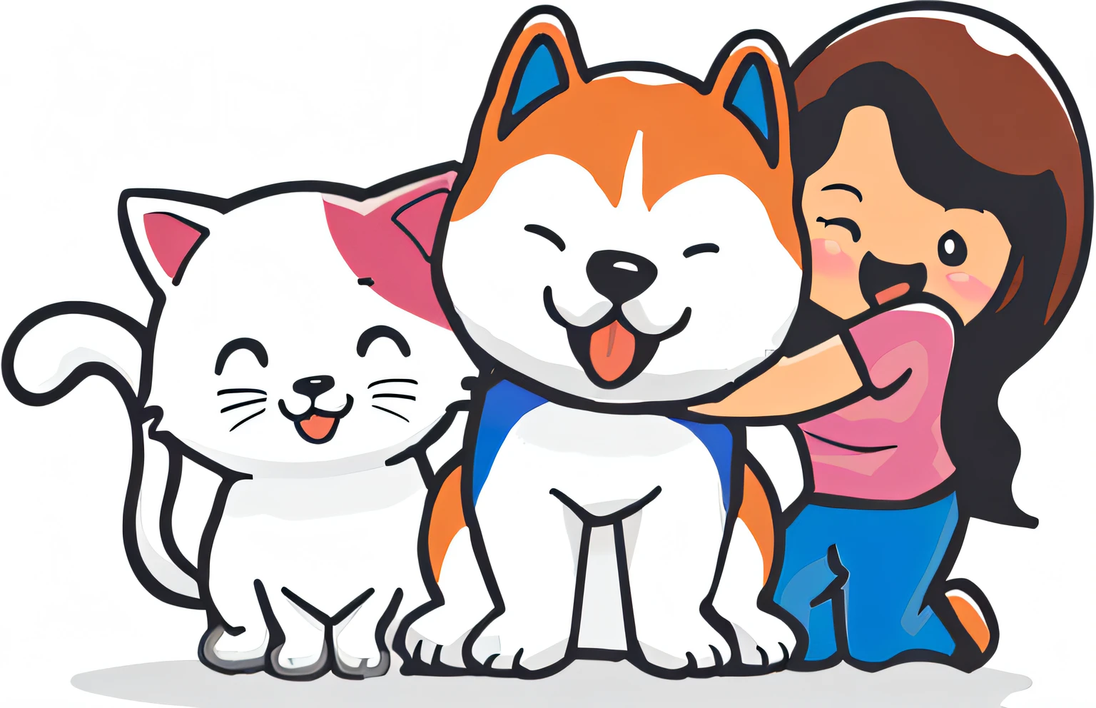 cartoon girl hugging a cat and a dog, inspired by Shiba Kōkan, kawaii cute dog, anthropomorphic shiba inu, japanese dog, by Shiba Kōkan, shibu inu, cartoon illustration, shiba inu, telegram sticker design, japanese cartoon style, shiba inu dog, cartoon style illustration, telegram sticker