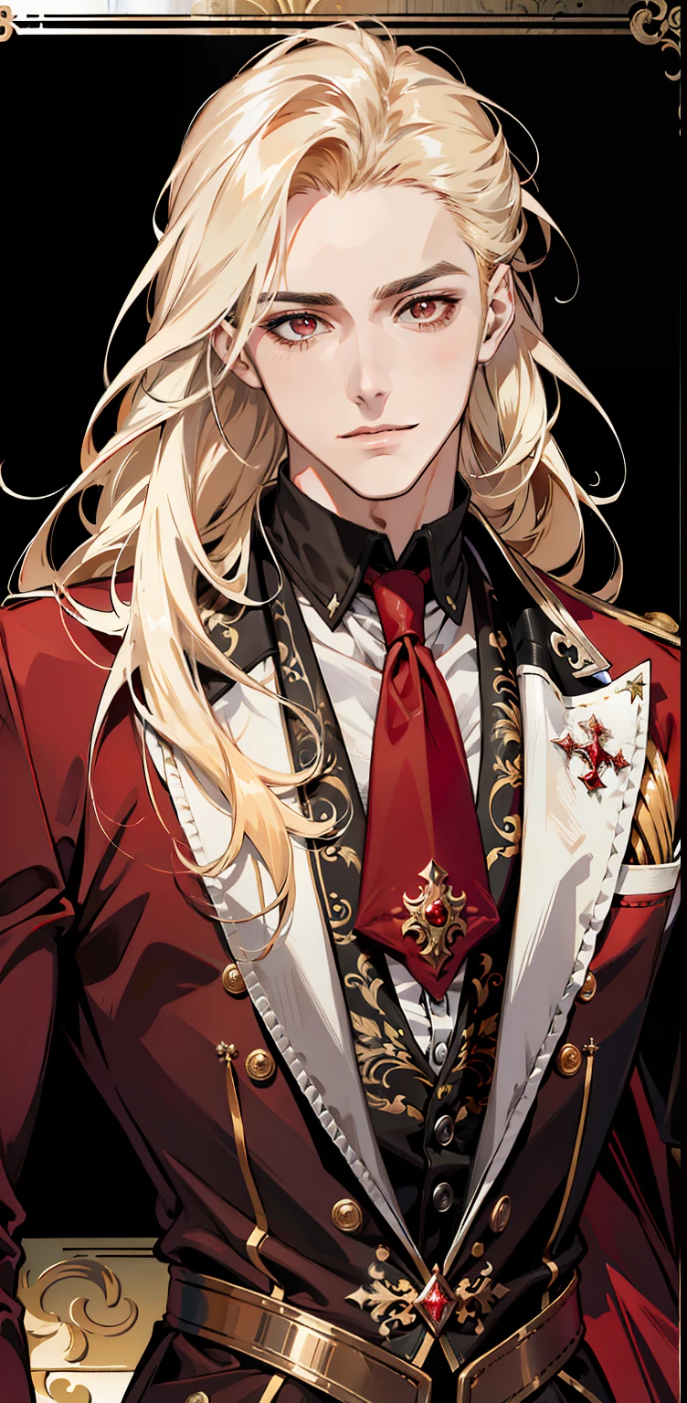(absurdres, highres, ultra detailed),(absurdres, highres, ultra detailed), 1 male, adult, handsome, tall muscular guy, broad shoulders, finely detailed eyes and detailed face, long blond hair, large 18th-century baroque mansion, garden, nobleman, aristocratic, elegant, neat, graceful, sunset, scenery, smile upper body, attractive, red eyes, vampire fangs, red eyes, throne, magic effect, flame