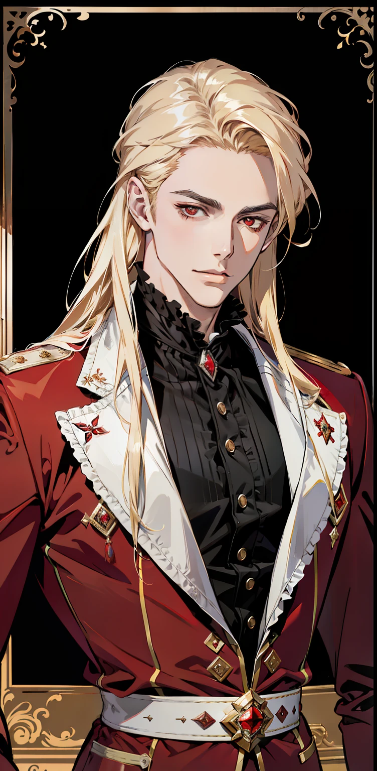 (absurdres, highres, ultra detailed),(absurdres, highres, ultra detailed), 1 male, adult, handsome, tall muscular guy, broad shoulders, finely detailed eyes and detailed face, long blond hair, large 18th-century baroque mansion, garden, nobleman, aristocratic, elegant, neat, graceful, sunset, scenery, smile upper body, attractive, red eyes, vampire fangs, red eyes, throne, magic effect, flame