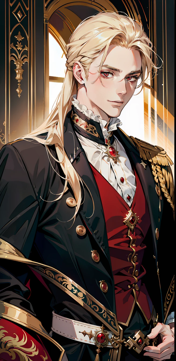 (absurdres, highres, ultra detailed),(absurdres, highres, ultra detailed), 1 male, adult, handsome, tall muscular guy, broad shoulders, finely detailed eyes and detailed face, long blond hair, large 18th-century baroque mansion, garden, nobleman, aristocratic, elegant, neat, graceful, sunset, scenery, smile upper body, attractive, red eyes, vampire fangs, red eyes,  throne, magic effect, flame