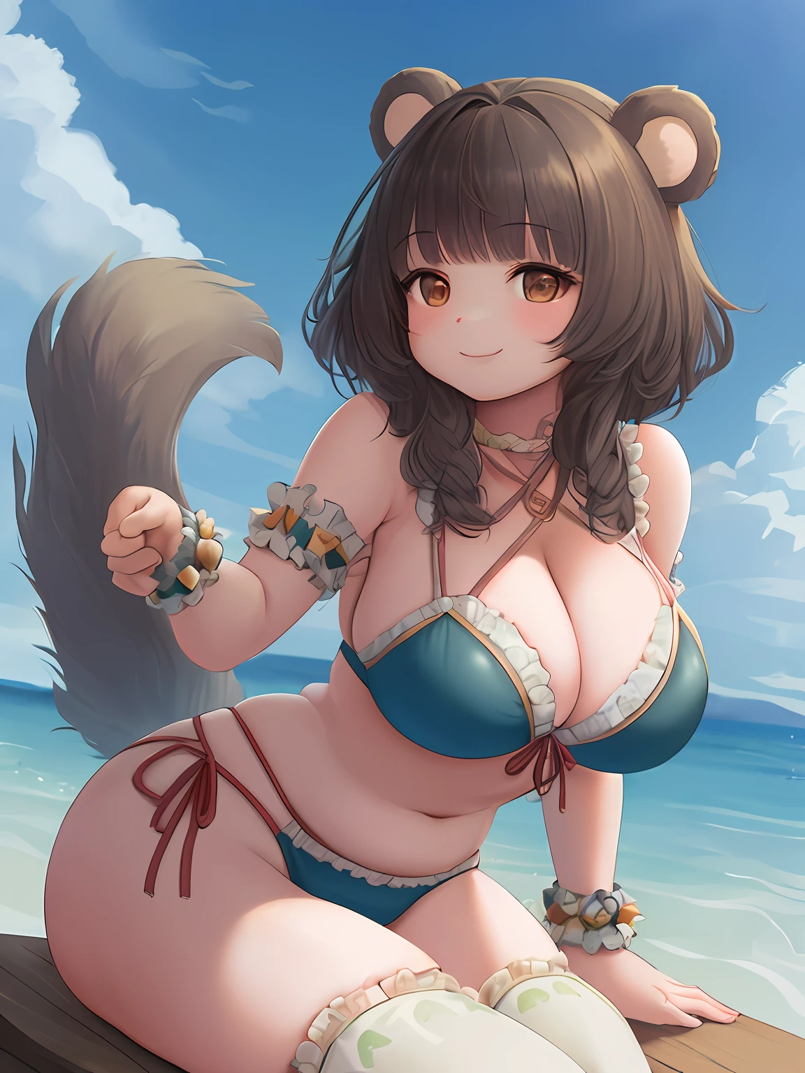 Award winning photo of chubby anthro furry bear girl, SFW, soft light, highly detailed, photorealistic, ((fluffy fur texture: 1.5)), dynamic pose, medium breasts, unique hair: 1.3, bikini, sitting beach, smile:0, 7,