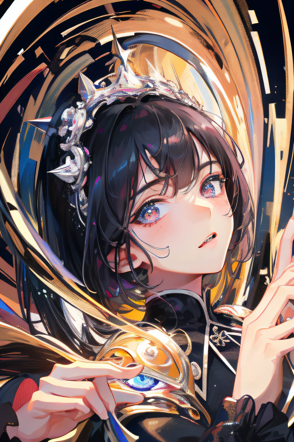 ((masterpiece, best quality, ultra-detailed, high-resolution)), solo, beautiful girl, gleaming eye, perfect eye, age 15, black white gold theme, black hair