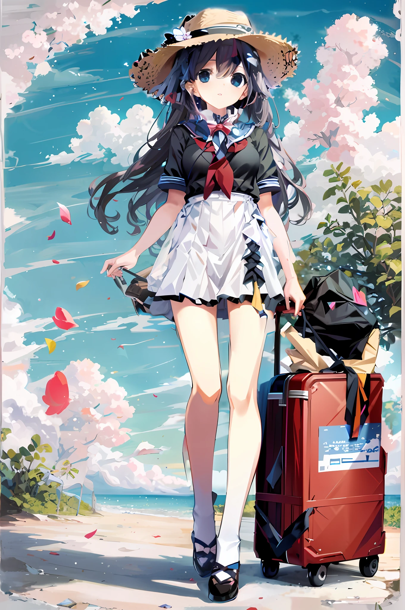 anime girl with suitcase and hat walking on the beach, Kantai collection style, beautiful anime artwork, anime visual image of cute girl, azur alley style, beautiful high school anime girl, gouvey on pixiv artstation, full-length anime illustration, gouveyz, anime moe art style, anime girl, anime girl concept art, adoptable deviantart, different outfit, special clothes, style, concept character design, humanoid appearance