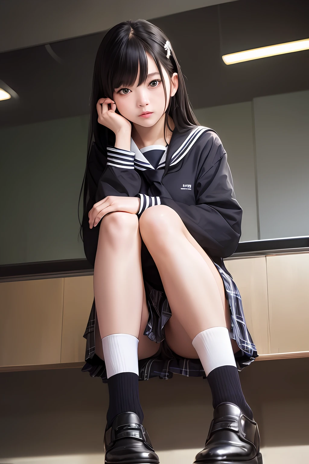 (raw photo:1.4), (photorealistic:1.3),(masterpiece), best quality, highest quality, extremely detailed CG unity 8k wallpaper, detailed and intricate, original,highres,
\\
1girl,solo,(),extremely detailed_eyes, fingernails,medium breasts,(eyeliner:0.5),(blush:0.5),black hair,long hair,hairclip, looking at viewer,NSFW,
\\
highschool,student,school uniform, sailor collar, crew socks bag,skirt, plaid, plaid skirt,knees up,sitting,
\\
street, subway station, shop border, akihabara \(tokyo\), shibuya \(tokyo\), shinjuku \(tokyo\),
\\
beautifully detailed background,depth of field,loli,realistic:1.3,(ambient light:1),(neon lights:0.1),(HDR:1),(Studio Lighting:1.5),(pantyshot:1.2),from below,full body,
