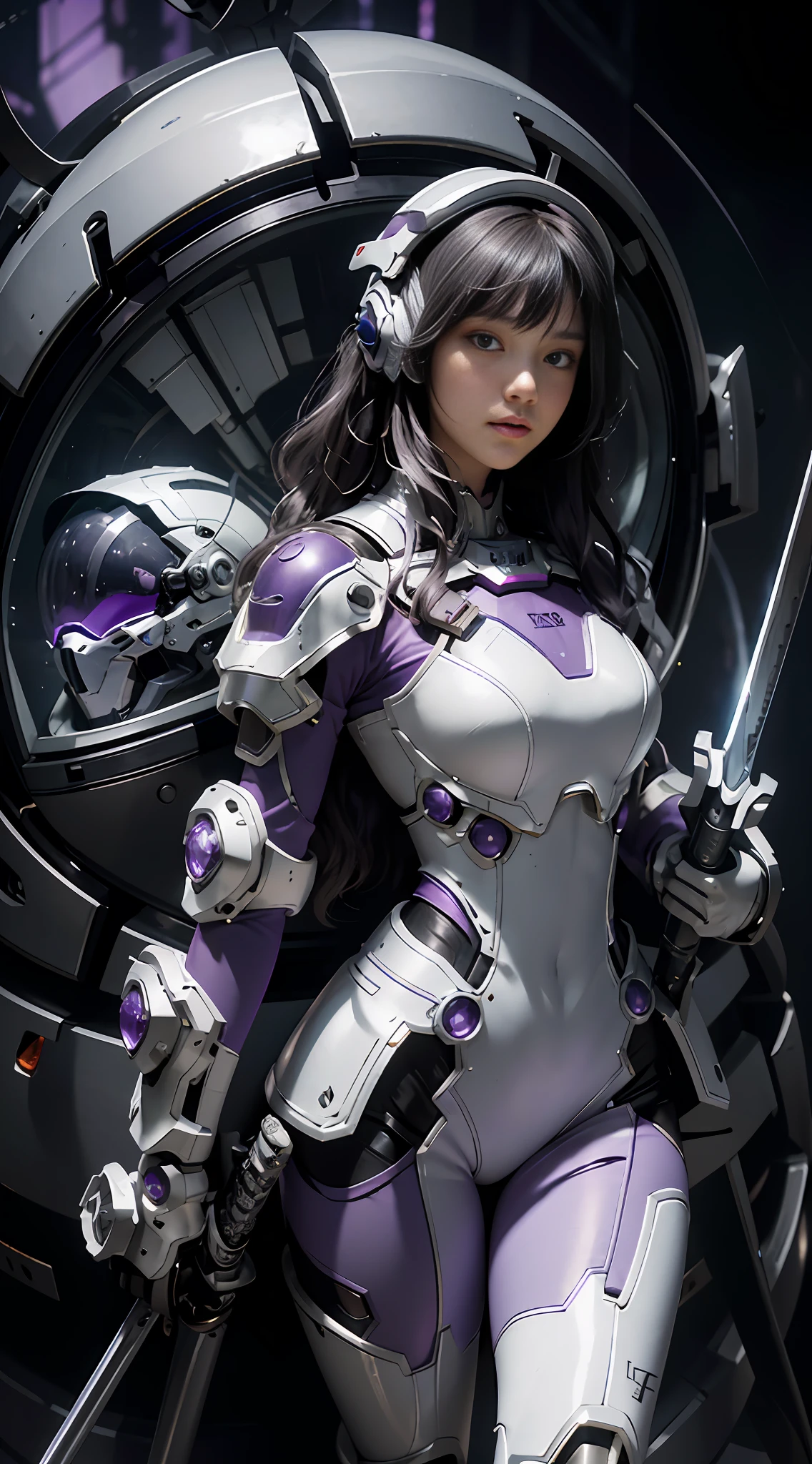 Highest image quality, outstanding detail, ultra-high resolution, (fidelity: 1.4), the best illustration, favor details, highly condensed 1girl, with a delicate and beautiful face, dressed in purple and silver mecha, wearing a mecha helmet, holding a purple furnace core sword, the background is the high-tech lighting scene of the future city.