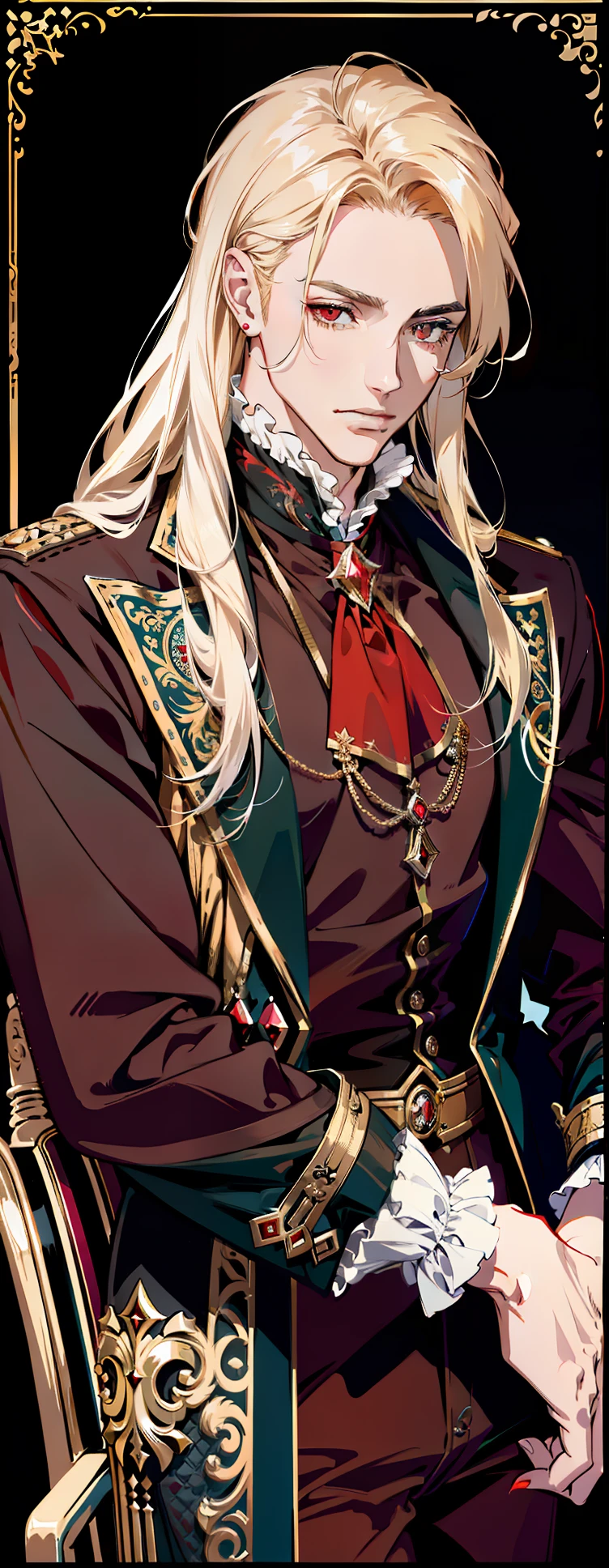(absurdres, highres, ultra detailed),(absurdres, highres, ultra detailed), 1 male, adult, handsome, tall muscular guy, broad shoulders, finely detailed eyes and detailed face, long blond hair, large 18th-century baroque mansion, garden, nobleman, aristocratic, elegant, neat, graceful, sunset, scenery, smile upper body, attractive, red eyes, vampire fangs, red eyes, throne, magic effect, flame