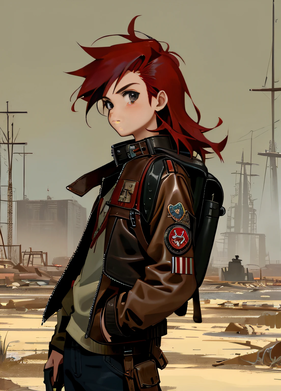 wasteland outlaw, red hair, black leather jacket, patches, backpack