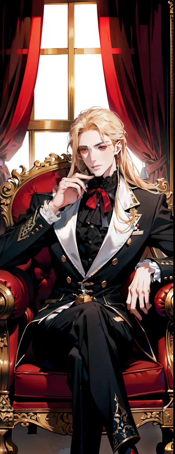 (absurdres, highres, ultra detailed),(absurdres, highres, ultra detailed), 1 male, adult, handsome, tall muscular guy, broad shoulders, finely detailed eyes and detailed face, long blond hair, large 18th-century baroque mansion, garden, nobleman, aristocratic, elegant, neat, graceful, sunset, scenery, smile upper body, attractive, red eyes, vampire fangs, red eyes, throne, magic effect, flame