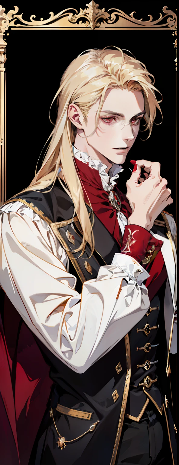 (absurdres, highres, ultra detailed),(absurdres, highres, ultra detailed), 1 male, adult, handsome, tall muscular guy, broad shoulders, finely detailed eyes and detailed face, long blond hair, large 18th-century baroque mansion, garden, nobleman, aristocratic, elegant, neat, graceful, sunset, scenery, smile upper body, attractive, red eyes, vampire fangs, red eyes, throne, magic effect