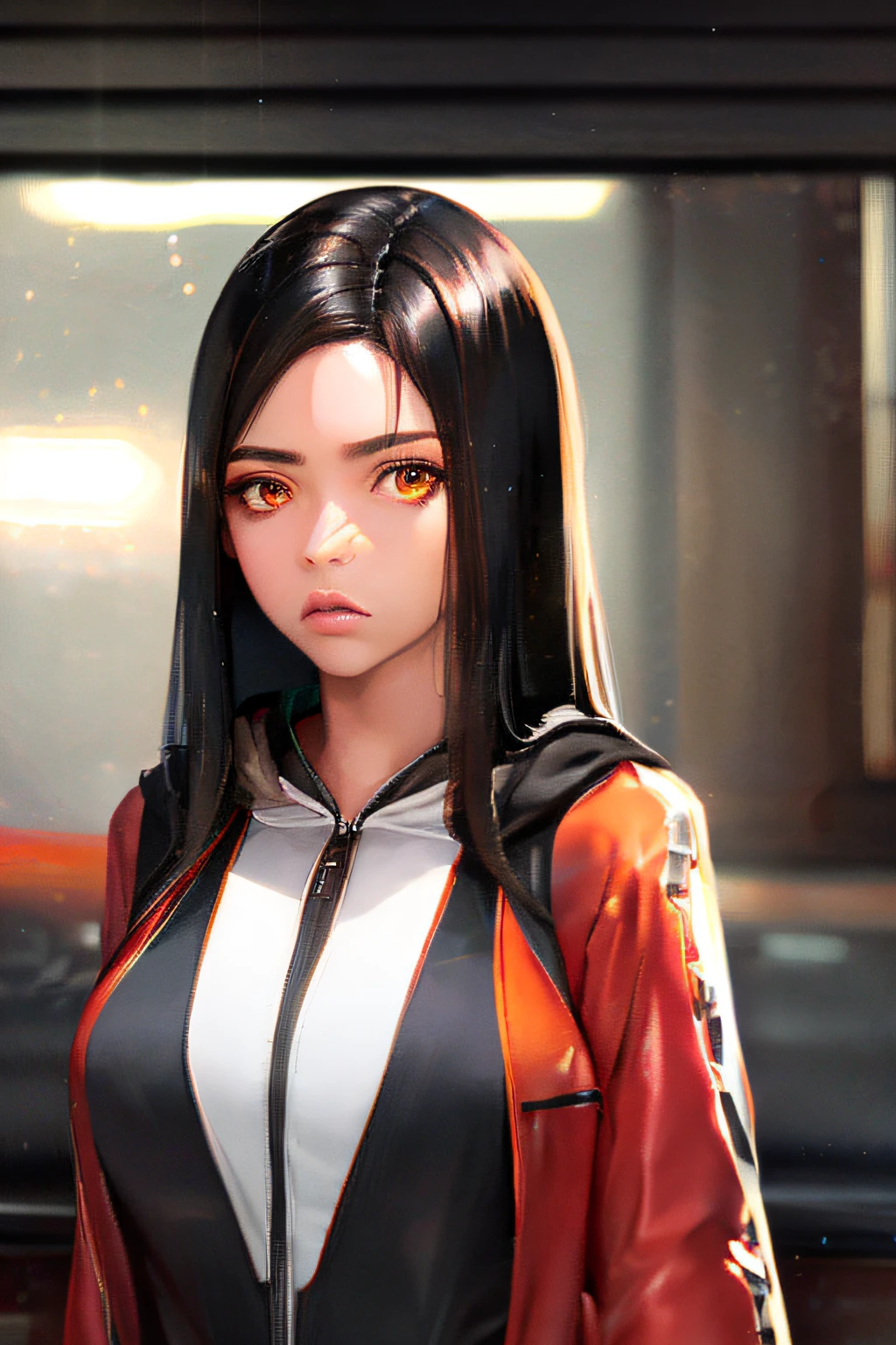 best quality, more details, masterpiece, 1girl, portrait, female focus, brown eyes, solo, looking at viewer, hood, long hair, sunny, Mexican\(country\), black hair, luxurious, 8k, detailed, ray tracing, depth of field, cinematic lighting, like edgerunners, neon, beautiful skin, Jenna Ortega