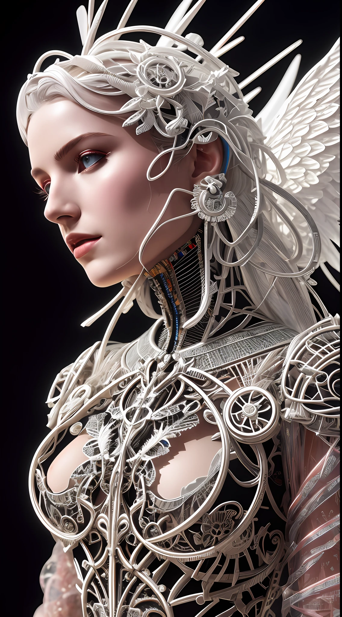 3D complex rendering very detailed angel of beautiful death Christine Stewart, biomechanical cyborg, analog 150 mm lens, light Soft natural beautiful edge, large leaves and stalks, roots, fine foliage lace, colorful Details, Boris Bidjan Saberi Outfit, pearl Earrings, hole, fashion Art modern embroidered, intricate details, wire Mesh, fractal Mandelbrot, facial Muscles, cable Wire, chip, badass, Extremely realistic, Highly detailed, octane embodiment, volumetric lighting, 8K post-production, red and white with a little black, detailed metal bones, semi-human, iridescent colors, Glenn Brown style, white room, god power, low-angle shot and looking up, complex body positions,