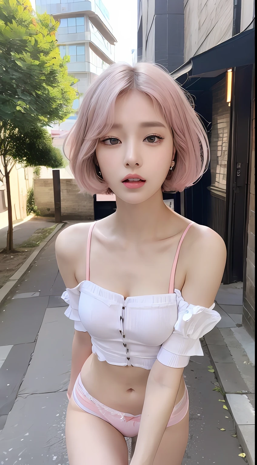 (Top Quality, 16k, Masterpiece: 1.3)), 1 Girl, Sharp Focus: 1.2, Beautiful Women with Perfect Figure: 1.4, (((White Striped Underwear, Pink Ribbon)), Glossy White Skin,Slender Abs: 1.2, (((Short Bob Hair)), ((Small: 1.4)), (((Kpop Idol: 1.3)), Highly Detailed Face and Skin Texture, Detailed Eyes, Double Eyelids, (((Pause)) , (enchanting)), walking, urban street