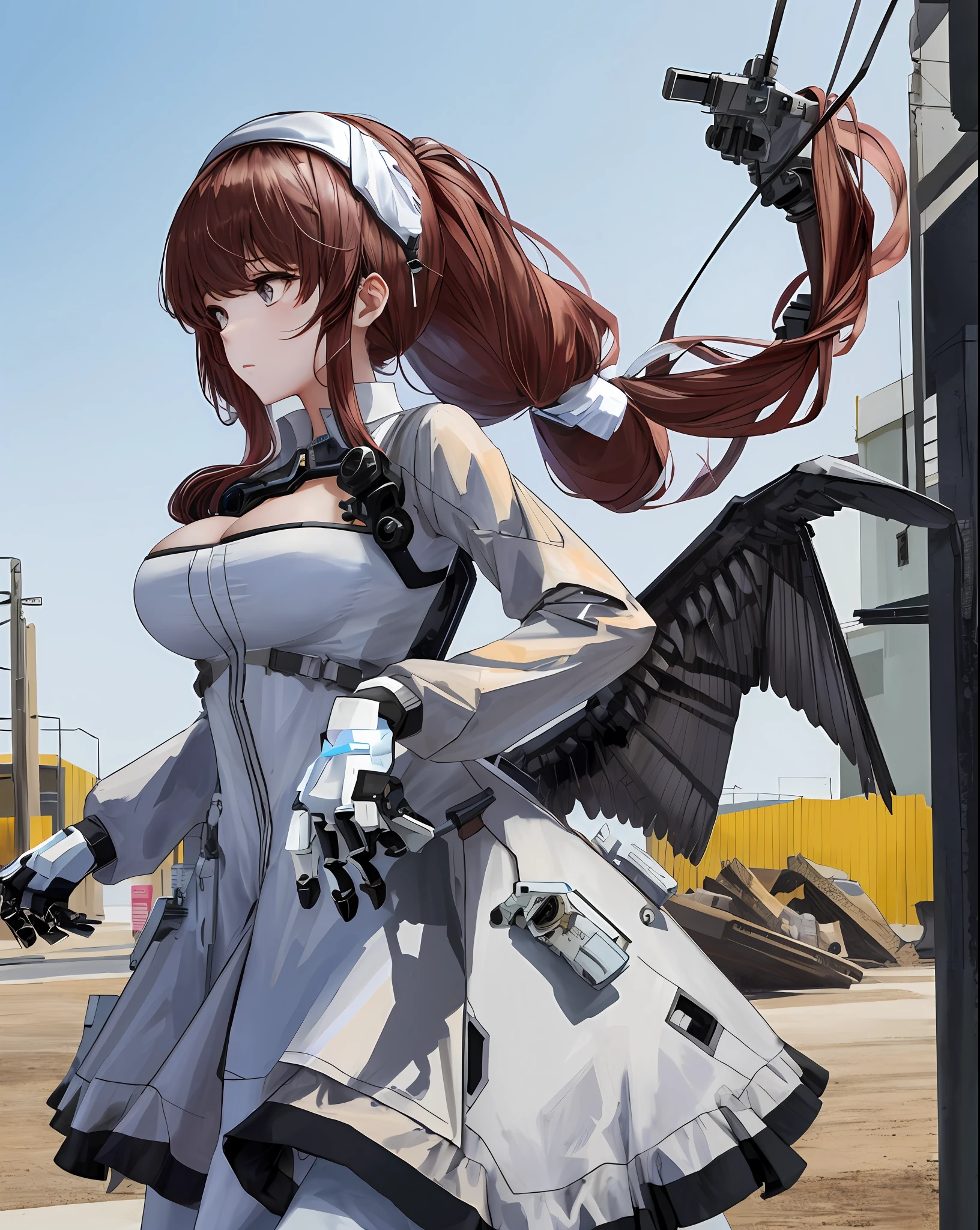 1girl,((plugsuit)), cowboy shot, large breasts, outdoors,ruins,robot joints, street,abyssal ship,