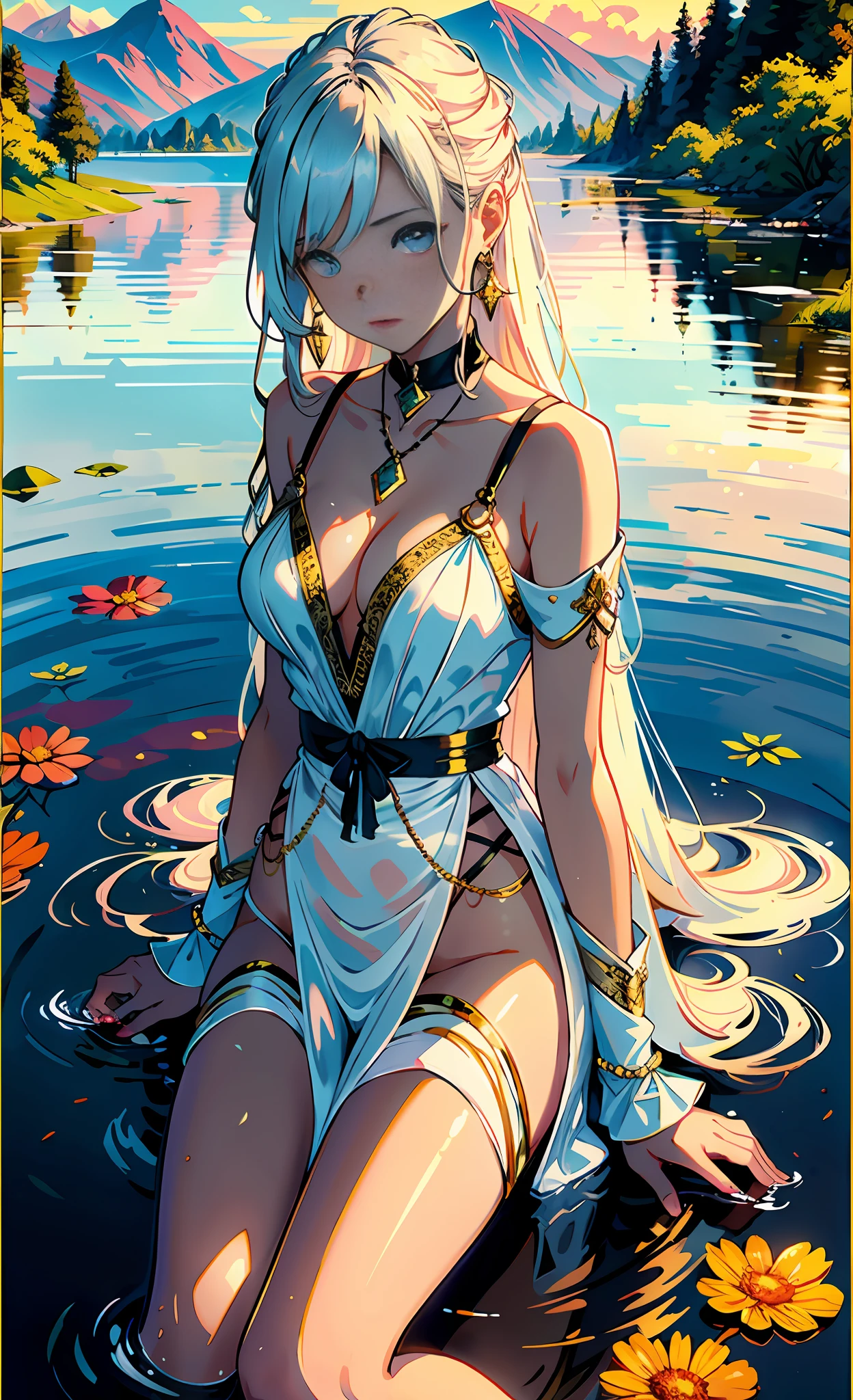 1 y girl, serene expression, mesmerizing eyes, long and straight hair, transparent and flowing dress::4, posed posture, porcelain skin, subtle blush, crystal pendant BREAK golden hour, (rim lighting): 1.2, warm tones, sun reflection, soft shadows, vibrant colors, pictorial effect, dream atmosphere BREAK picturesque lake, distant mountains, willow, calm water, reflection, sunny clouds, peaceful atmosphere, idyllic sunset, ultra detailed, official art, unity 8k wallpaper, zentangle, mandala
