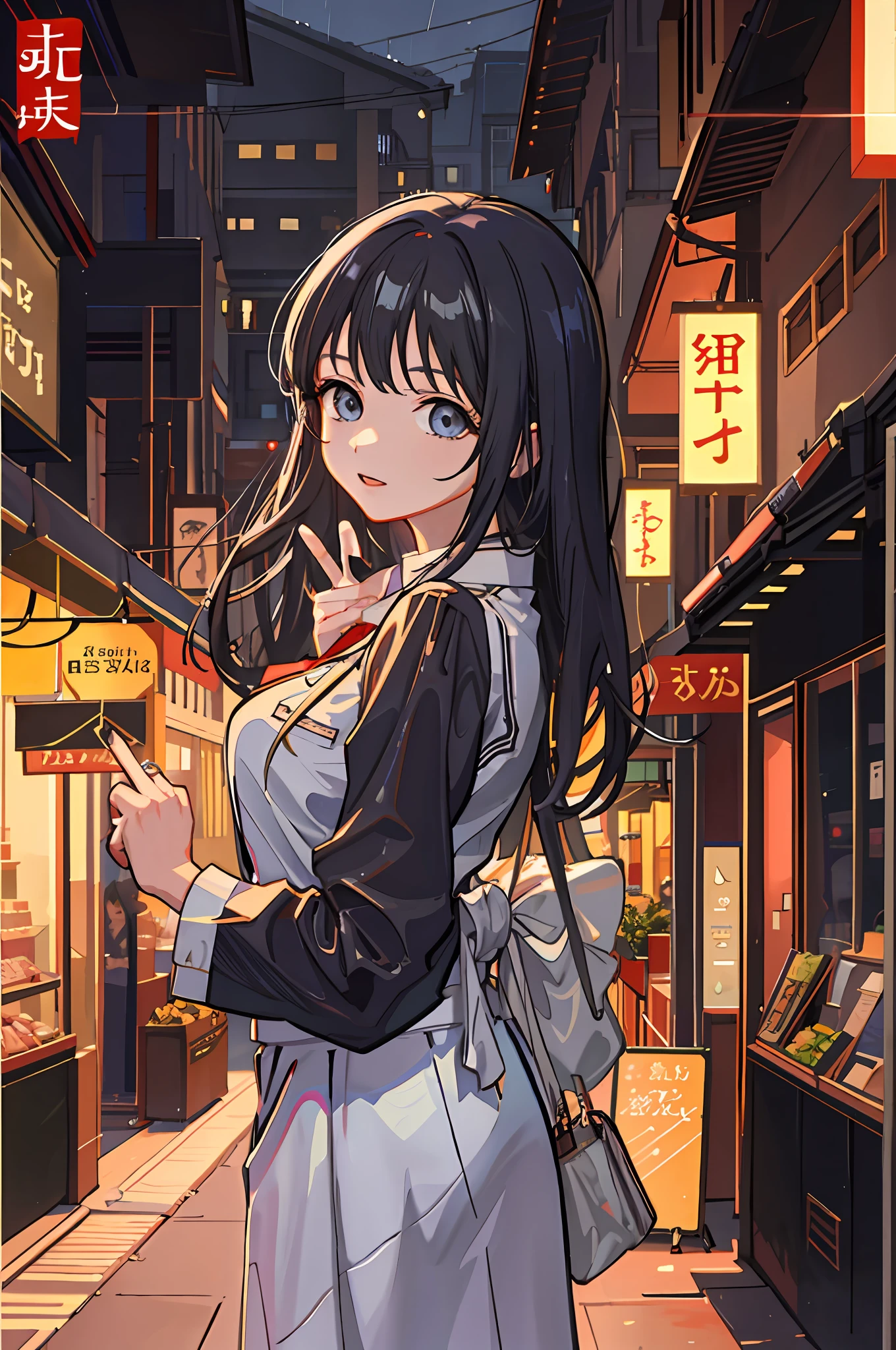 raining night,city,A beautiful woman in wearing school uniform on the bustling streets of Gintama, surrounded by vendors, beautiful portrait of a stunning goddess girl, beautiful detailed face, porcelain skin, half body shot, centered, ultra soft lighting, symmetry, intricate, elegant, highly detailed, photorealistic, artstation, concept art, smooth, as imagined by greg rutkowski and borris vallejo, cover, vogue style